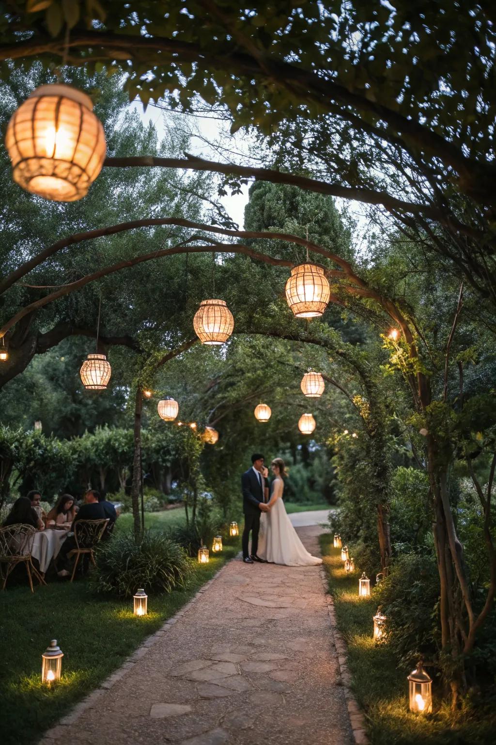 Hanging lanterns casting a warm glow over the garden paths.