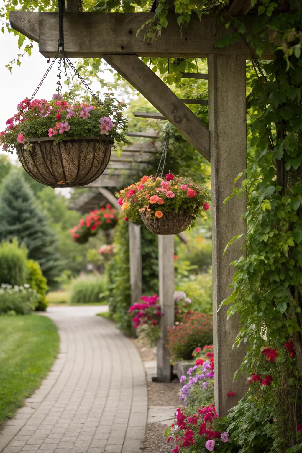 Hanging planters on an arbor add vibrant vertical interest to gardens.