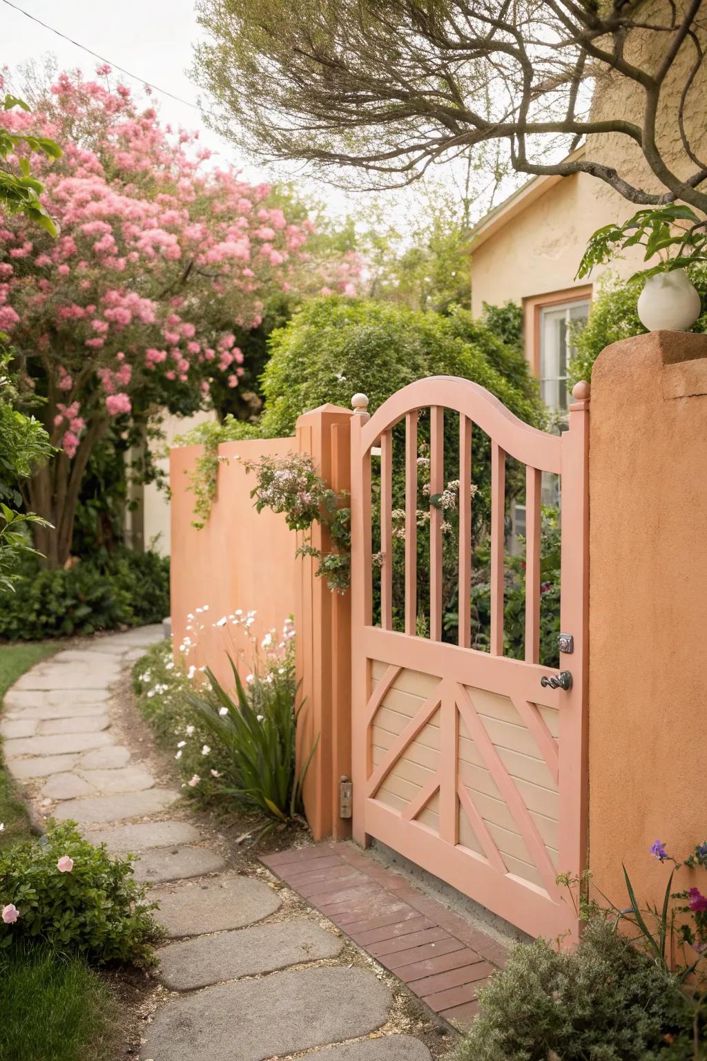 A peach gate offers soft warmth and a gentle welcome.