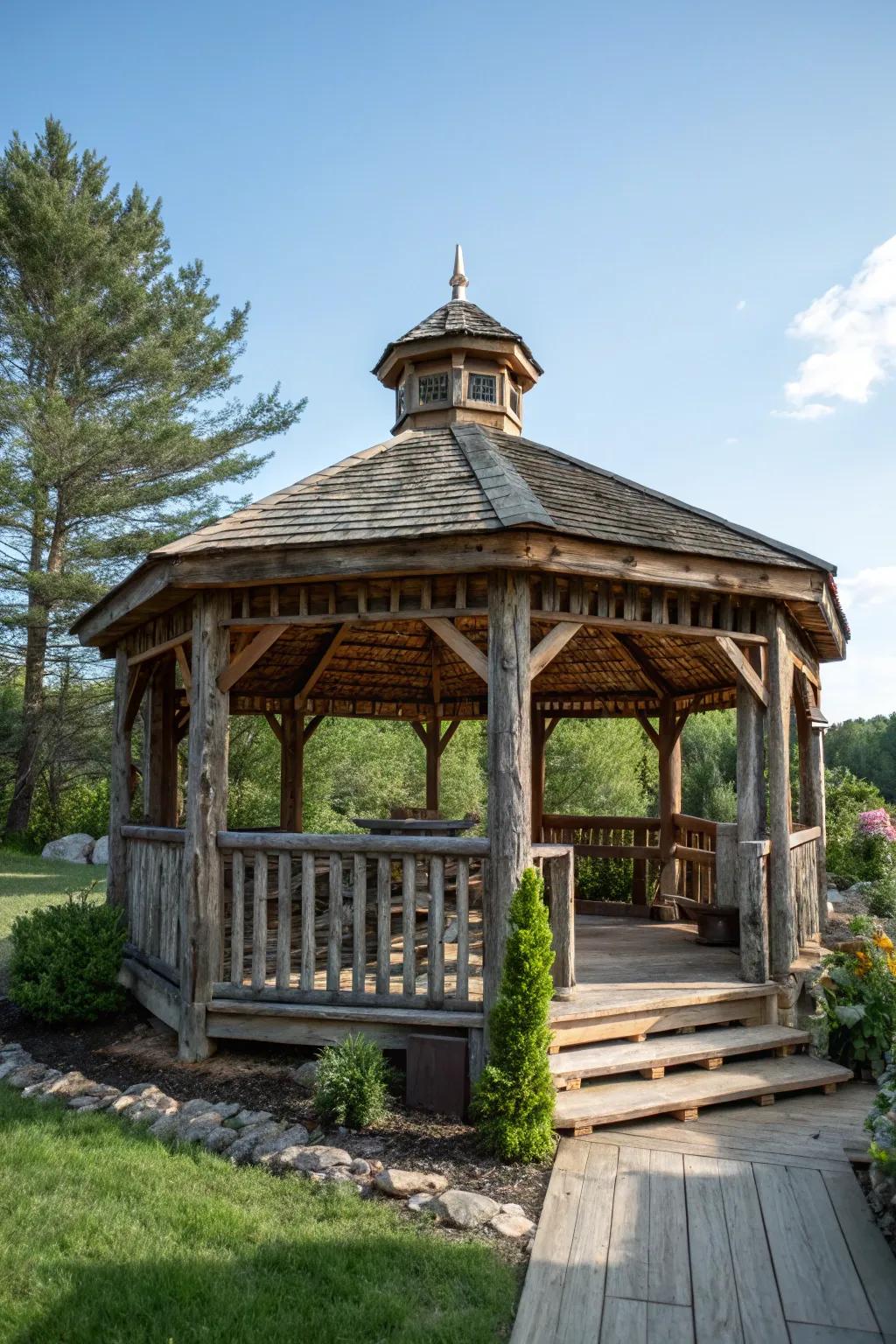 Embrace rustic charm with a log cabin-style gazebo.