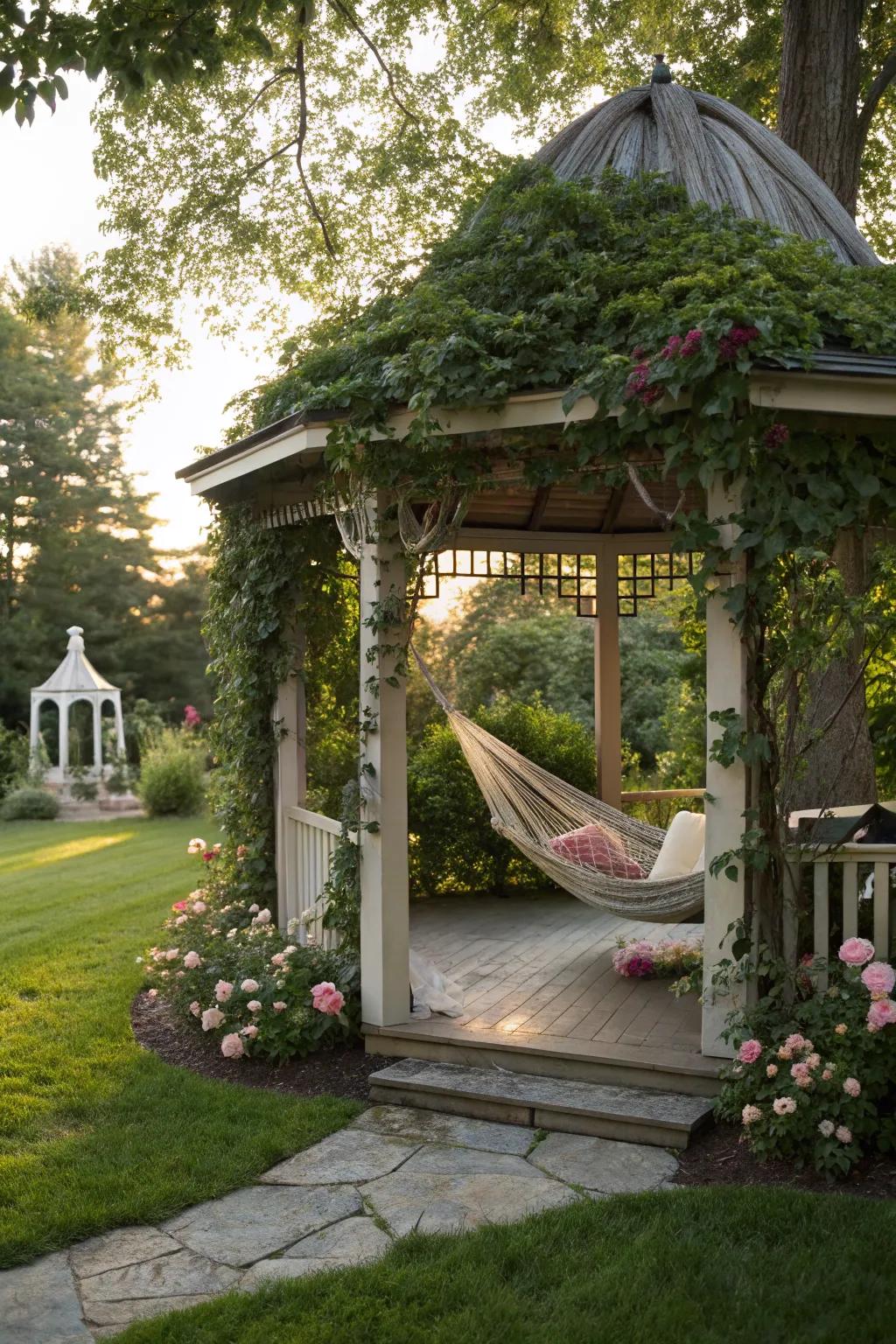 Relax in style with a hammock hanging inside your gazebo.