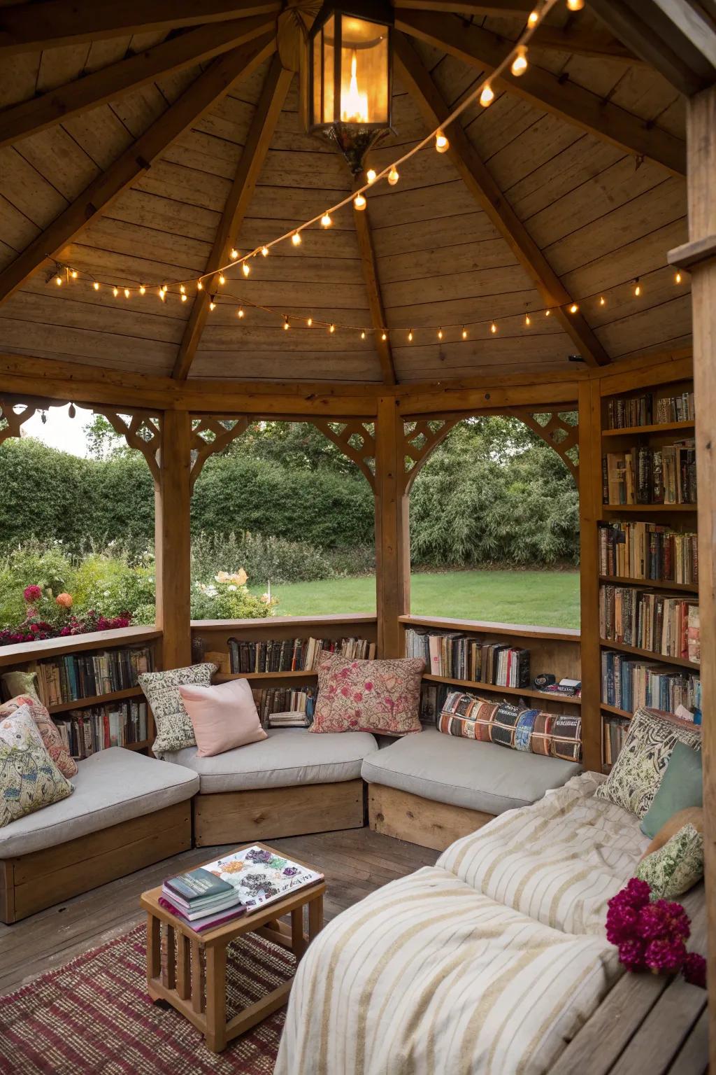 A tranquil reading retreat in a garden gazebo.