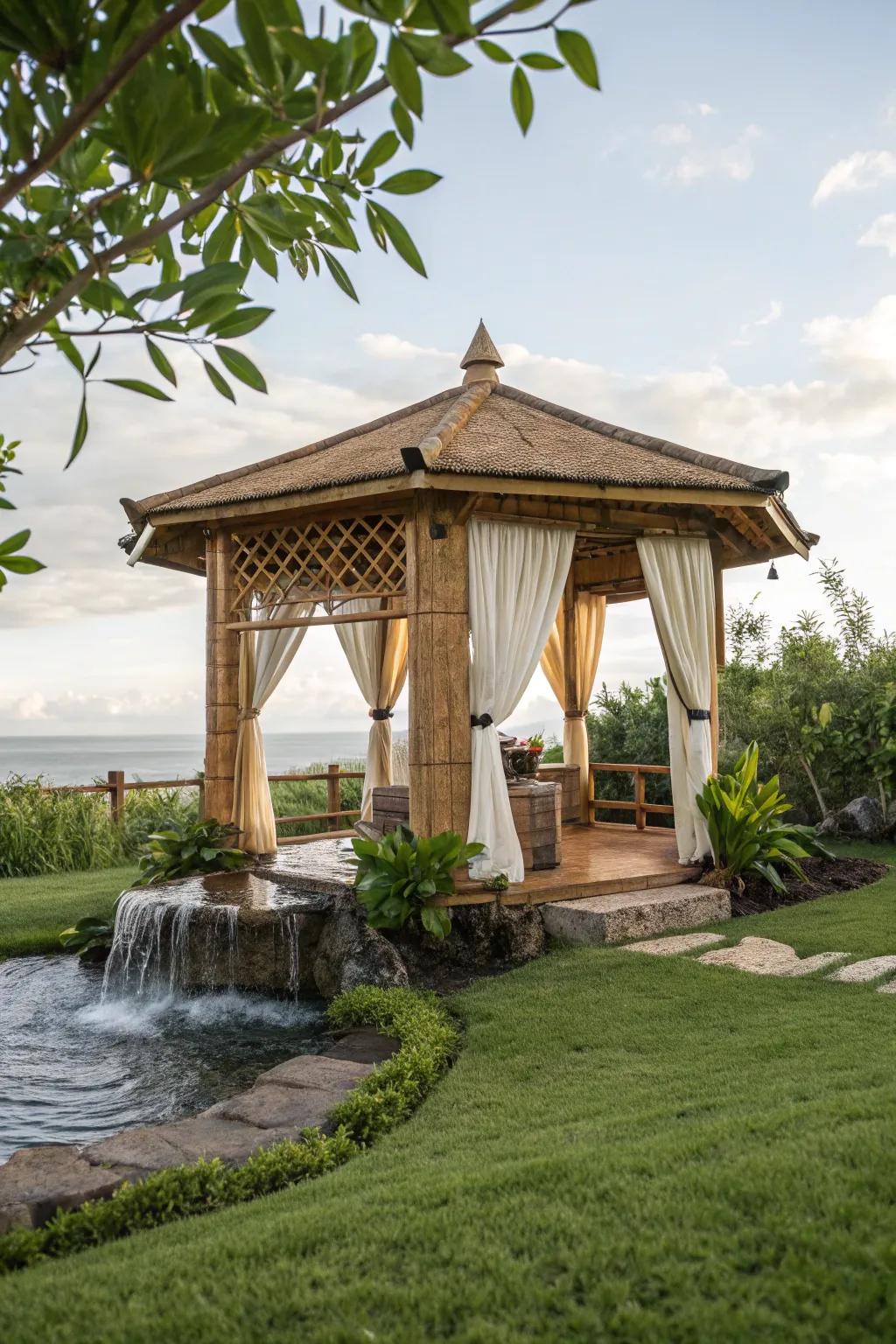 This gazebo offers a peaceful Zen retreat, perfect for meditation.