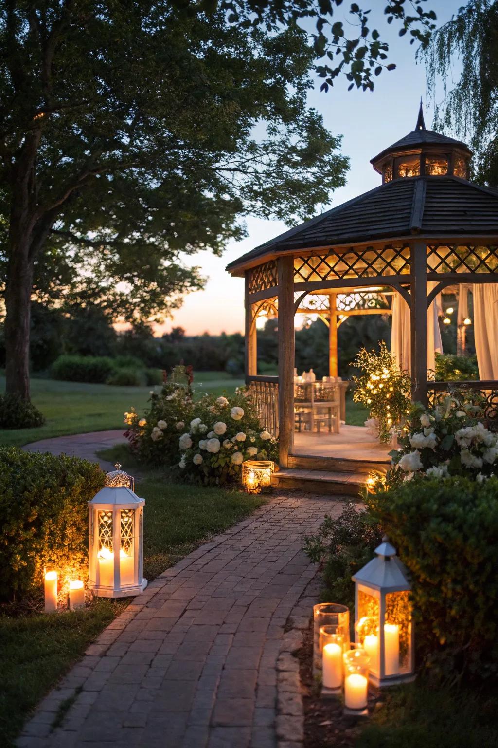Candles and lanterns creating a cozy glow in a gazebo setting.