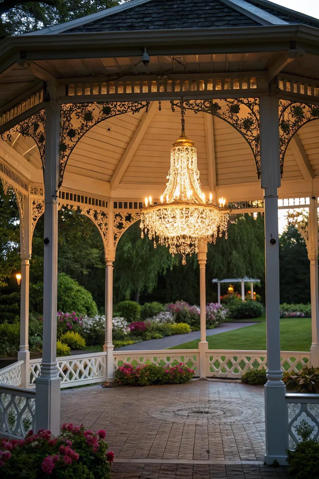 A chandelier adds a touch of elegance.
