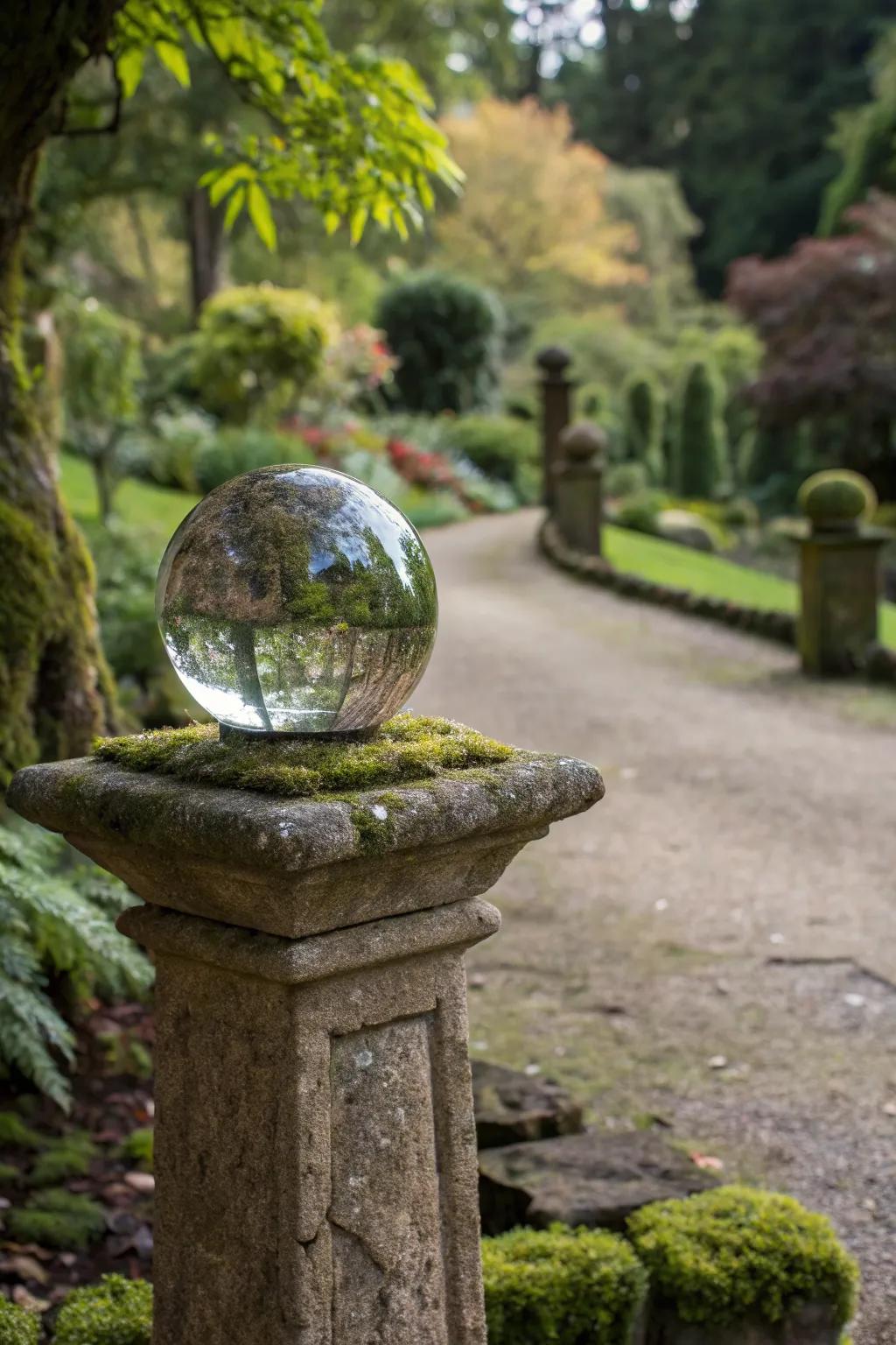Textured surfaces add depth to this elegant gazing ball stand.