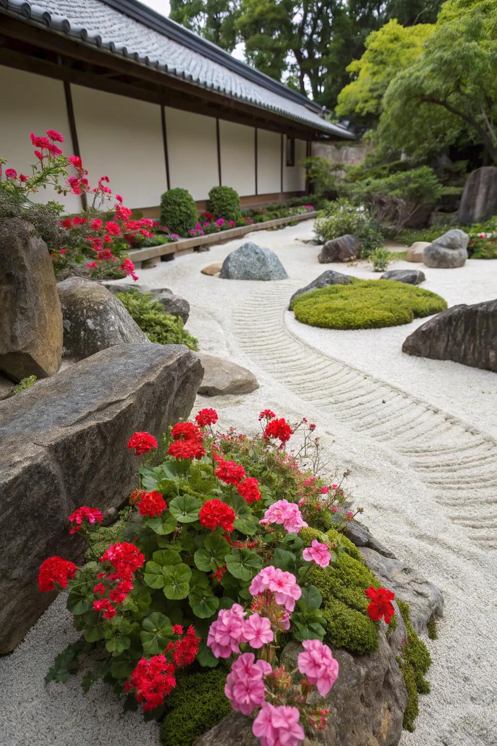 A tranquil Zen garden enhanced by the vibrant hues of geraniums.