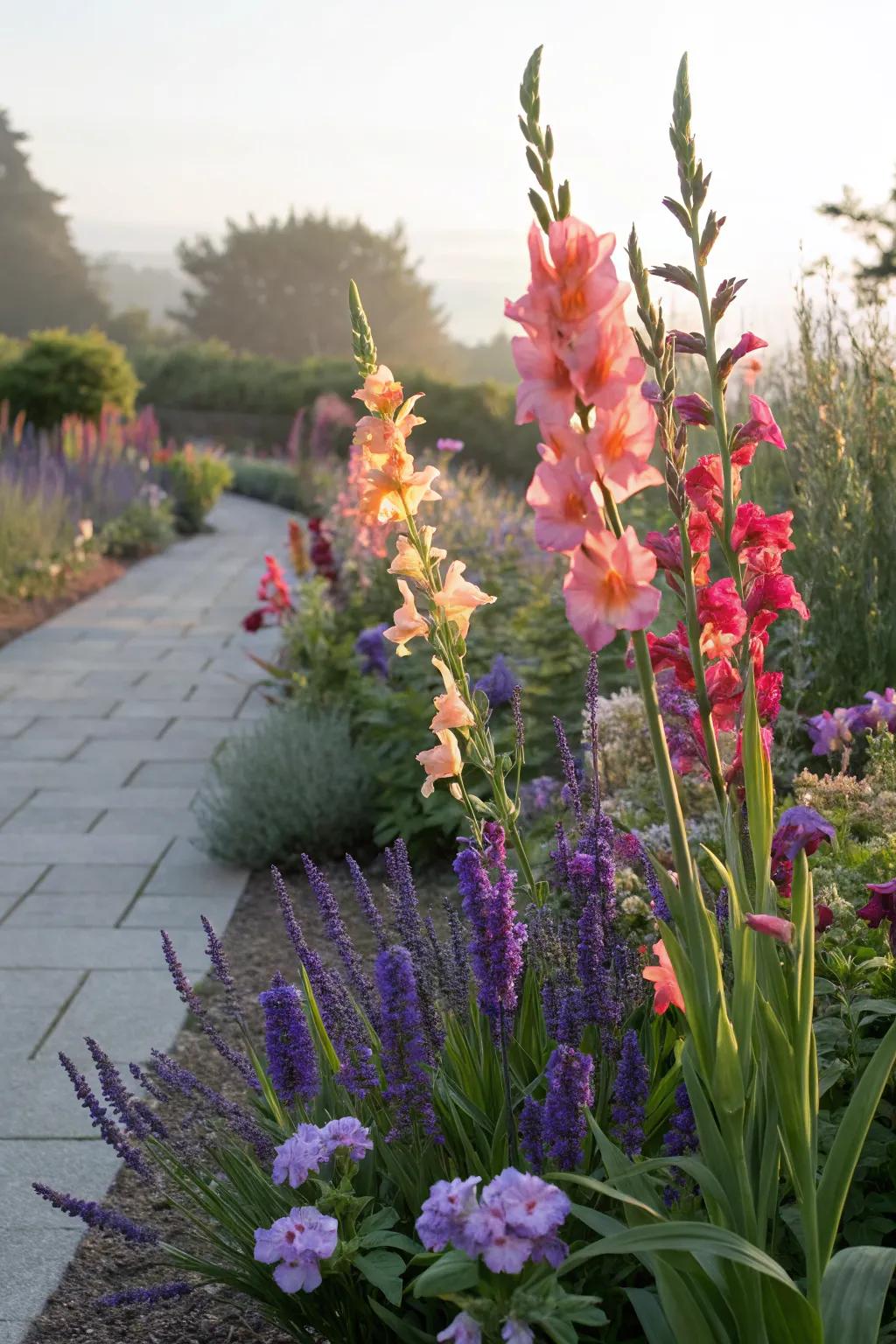 Contrasting plant pairings with gladiolus enhance visual appeal.