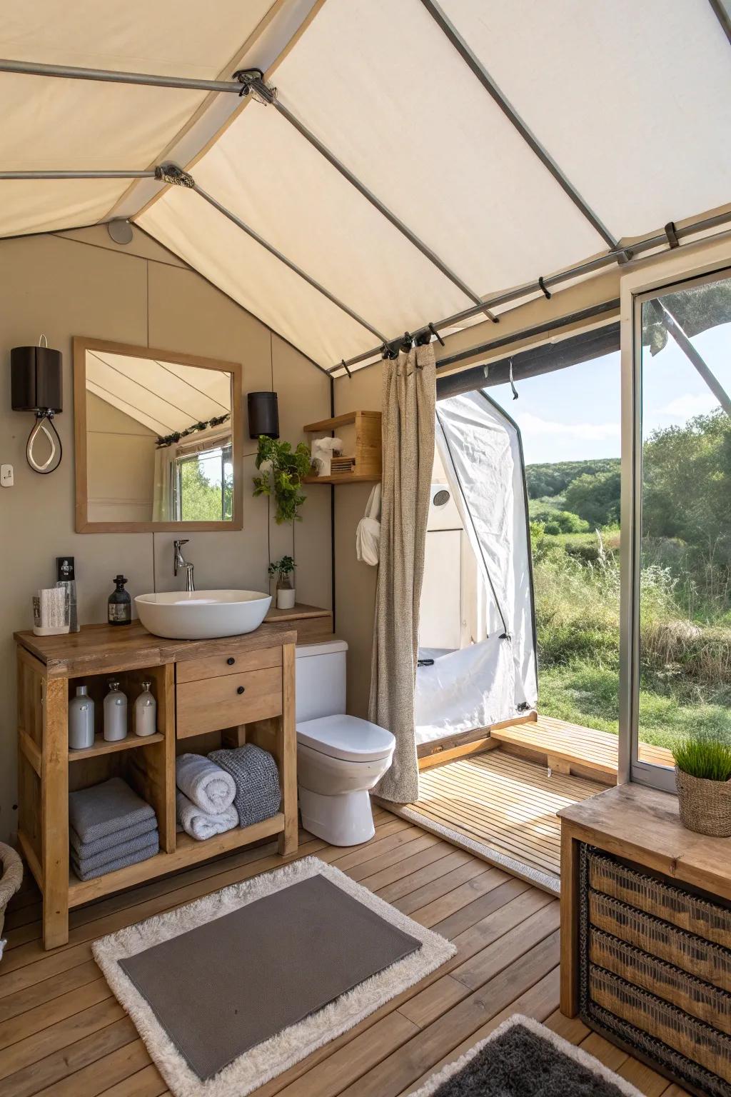 Experience the luxury of a modular bathroom in your glamping tent.