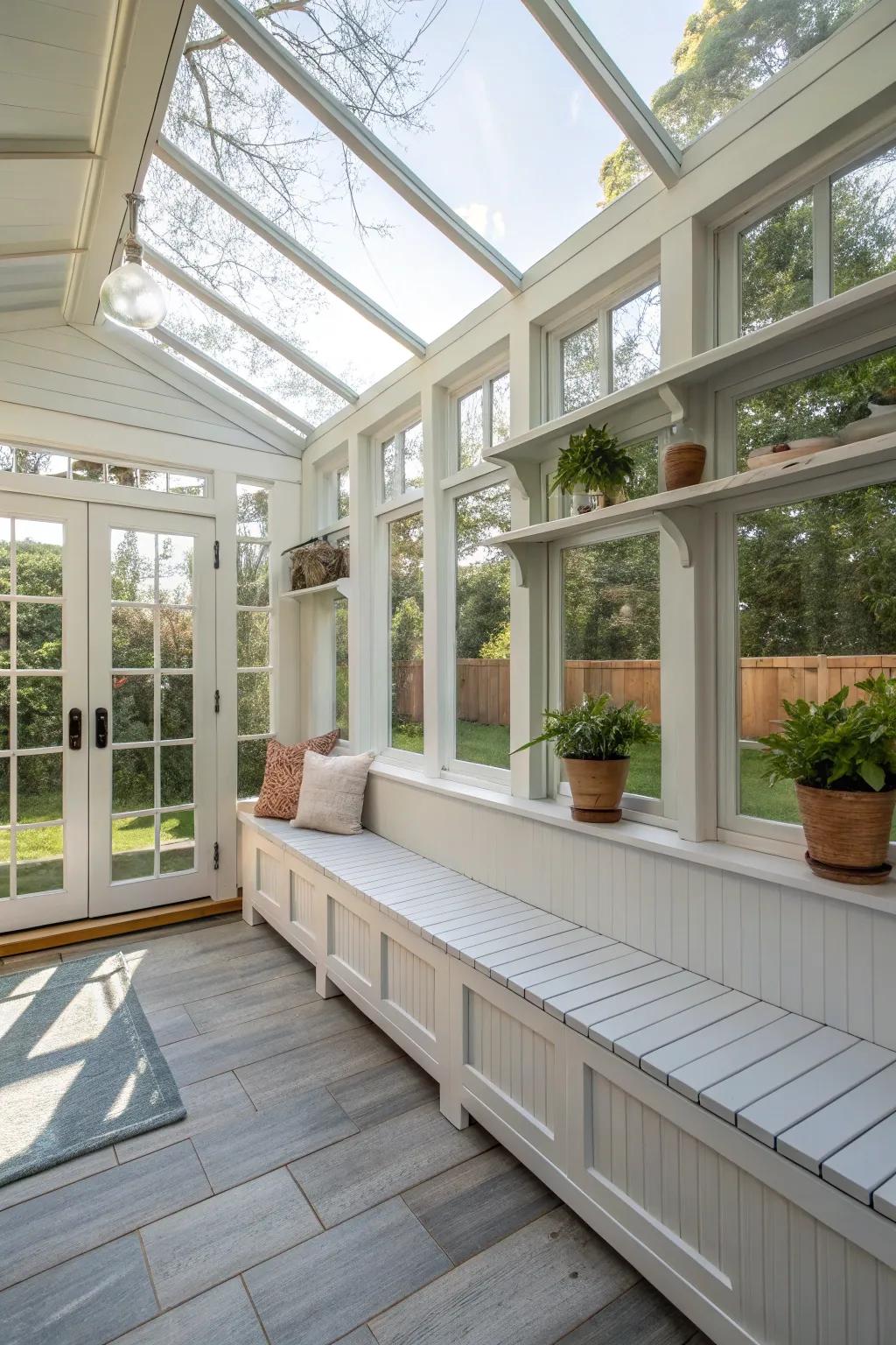 A glass porch with practical built-in seating and storage solutions.