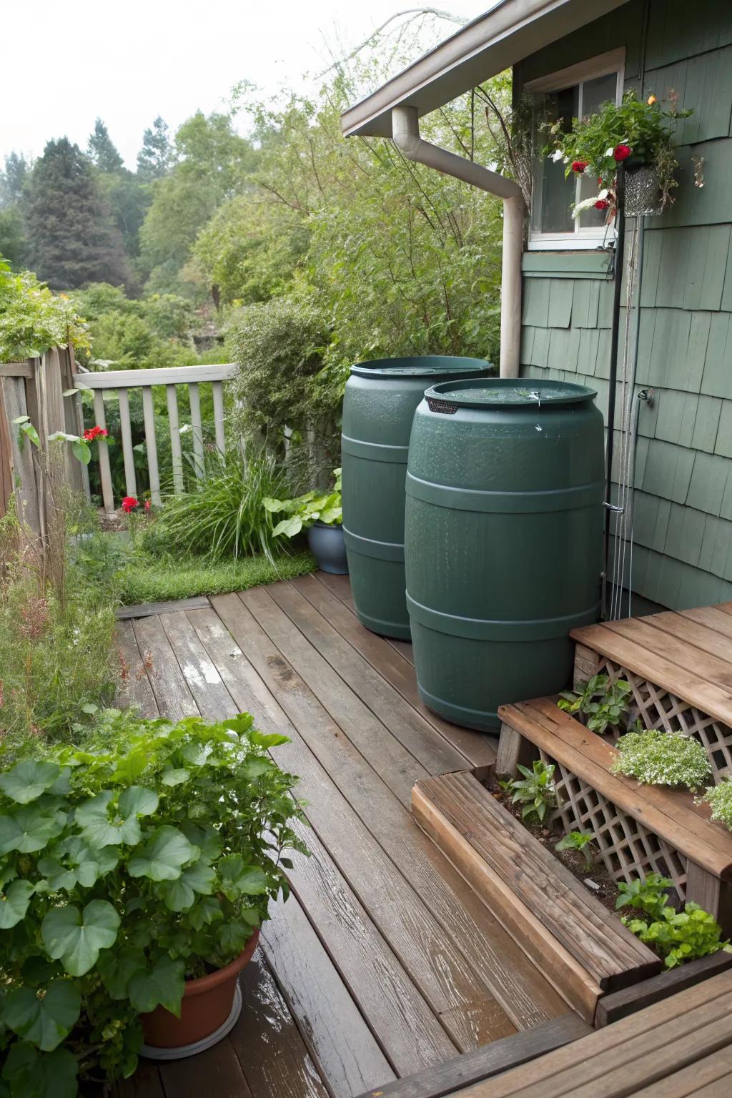 Seamlessly integrated rain barrels within a garden deck
