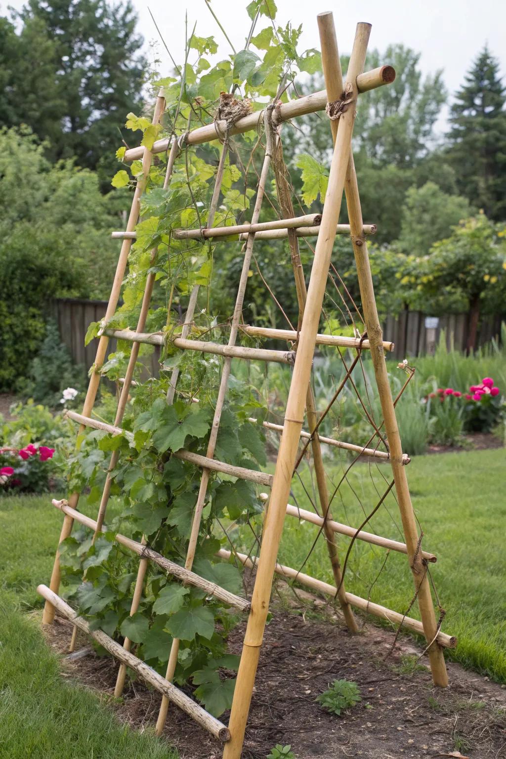 An eco-friendly bamboo trellis supporting grape vines.