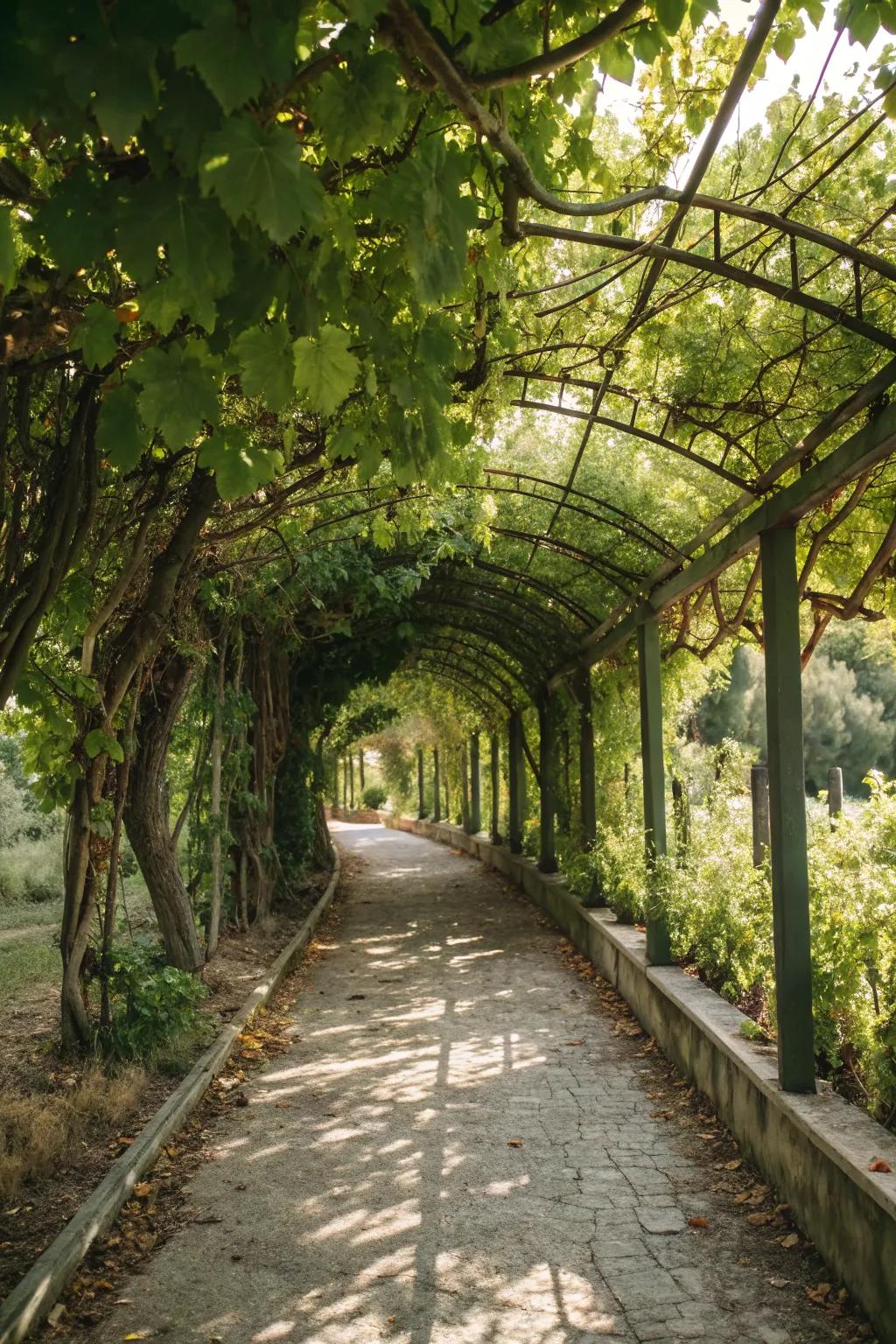 Grapevine arbors add a whimsical and inviting touch to gardens.