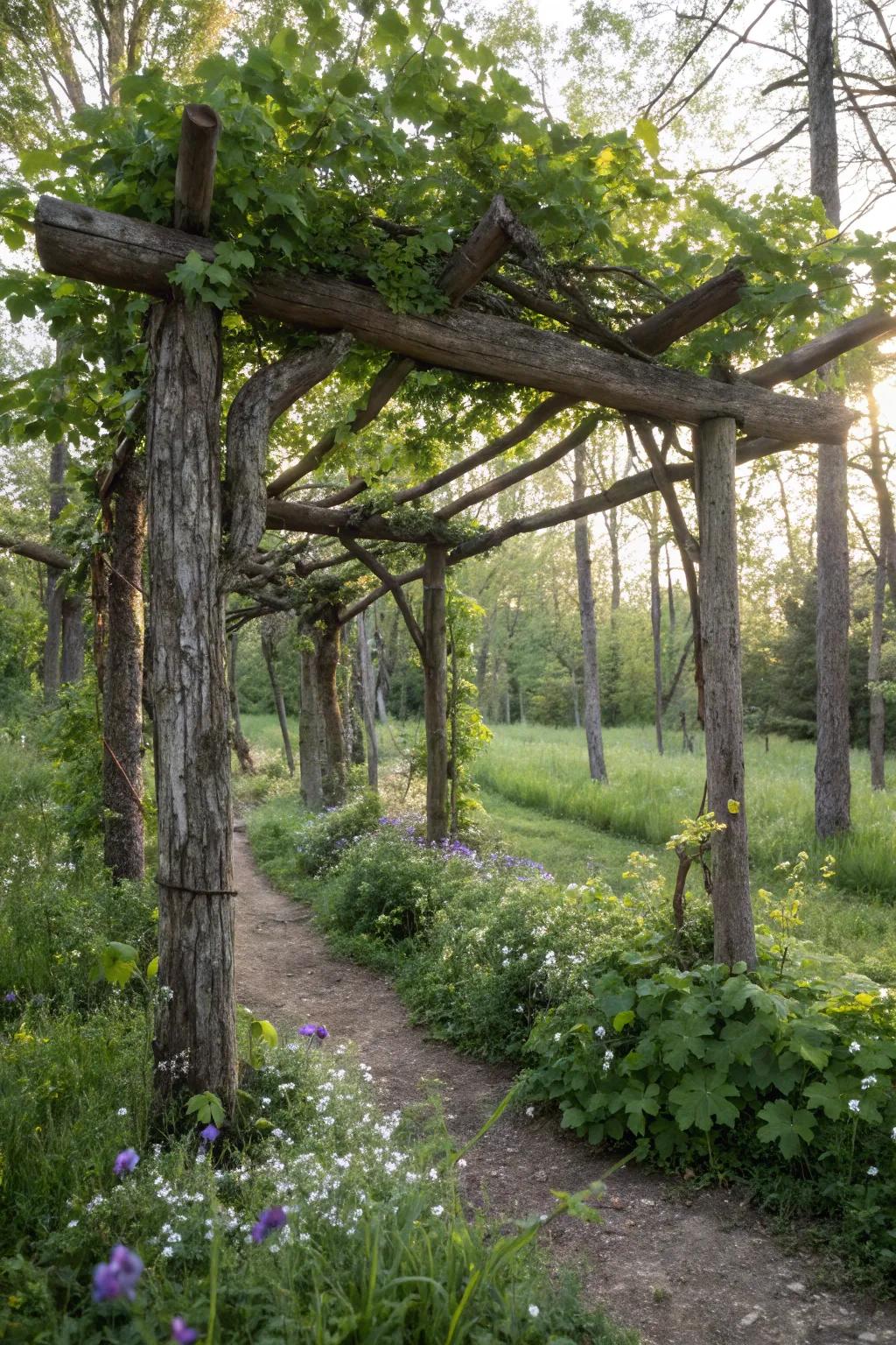 A rustic log trellis enhancing the natural beauty of a woodland garden.