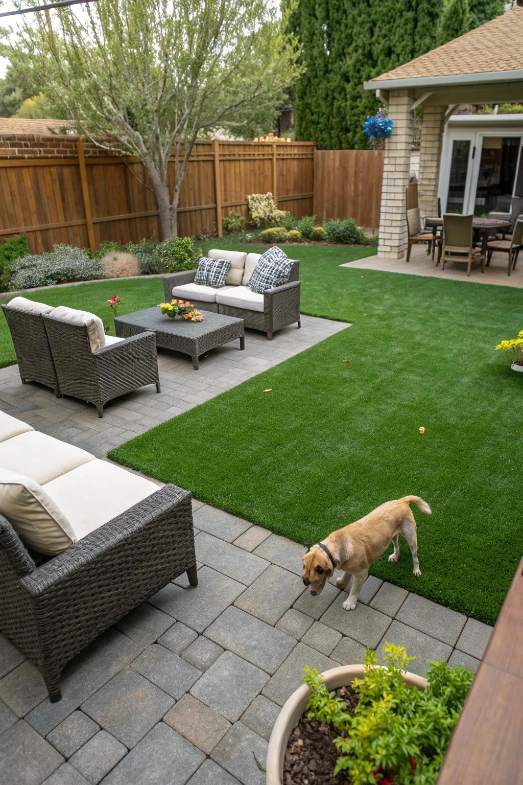 Pets love the soft, easy-to-maintain grassy zone.