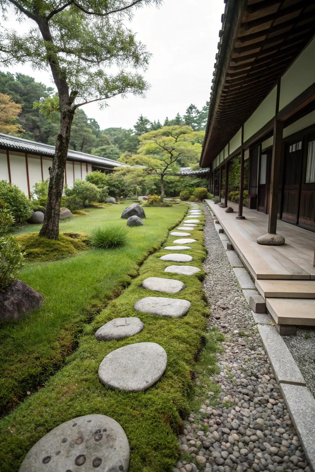 A zen-inspired grass walkway for calm and relaxation.