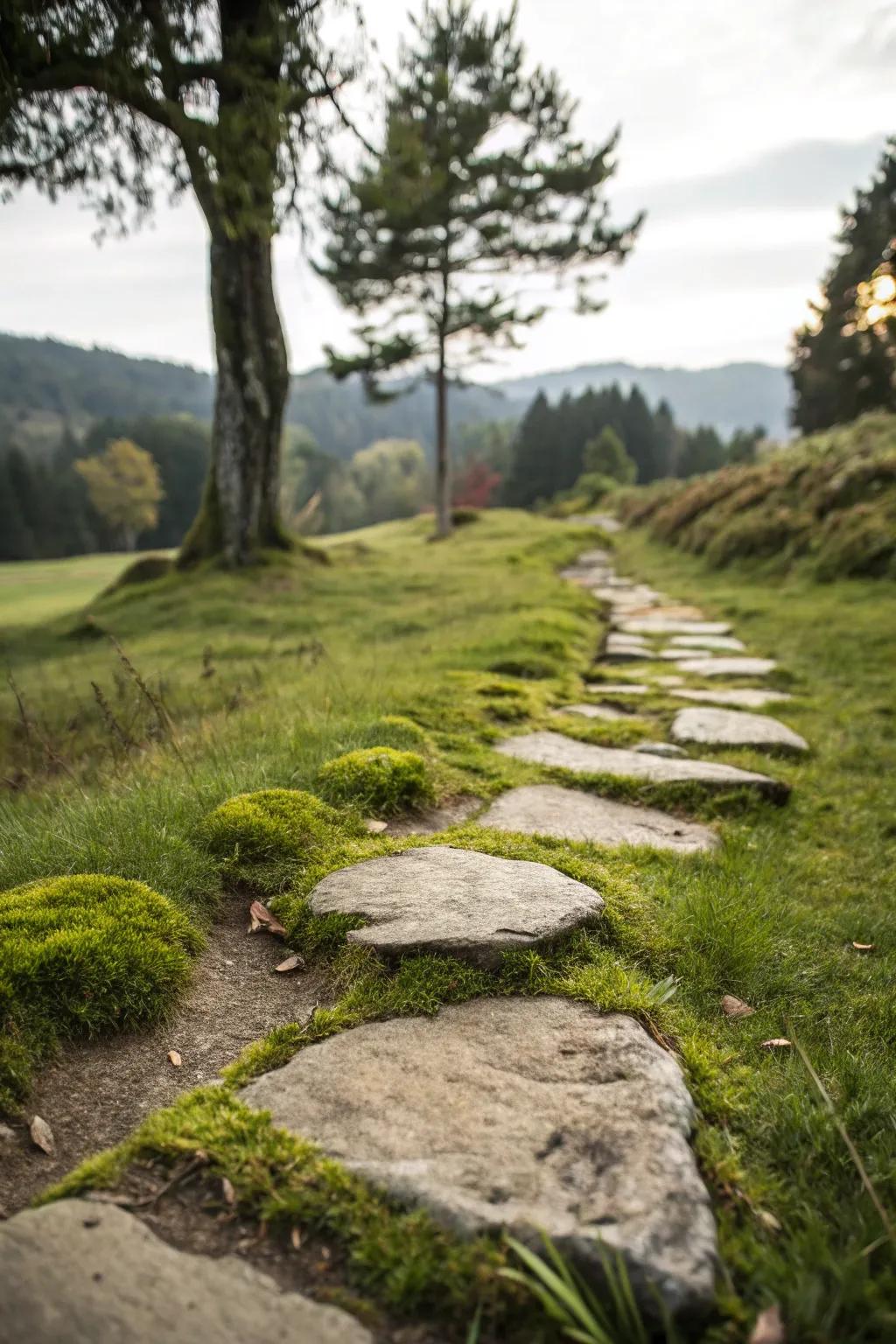 A grassy path with stepping stones and moss for a magical look.