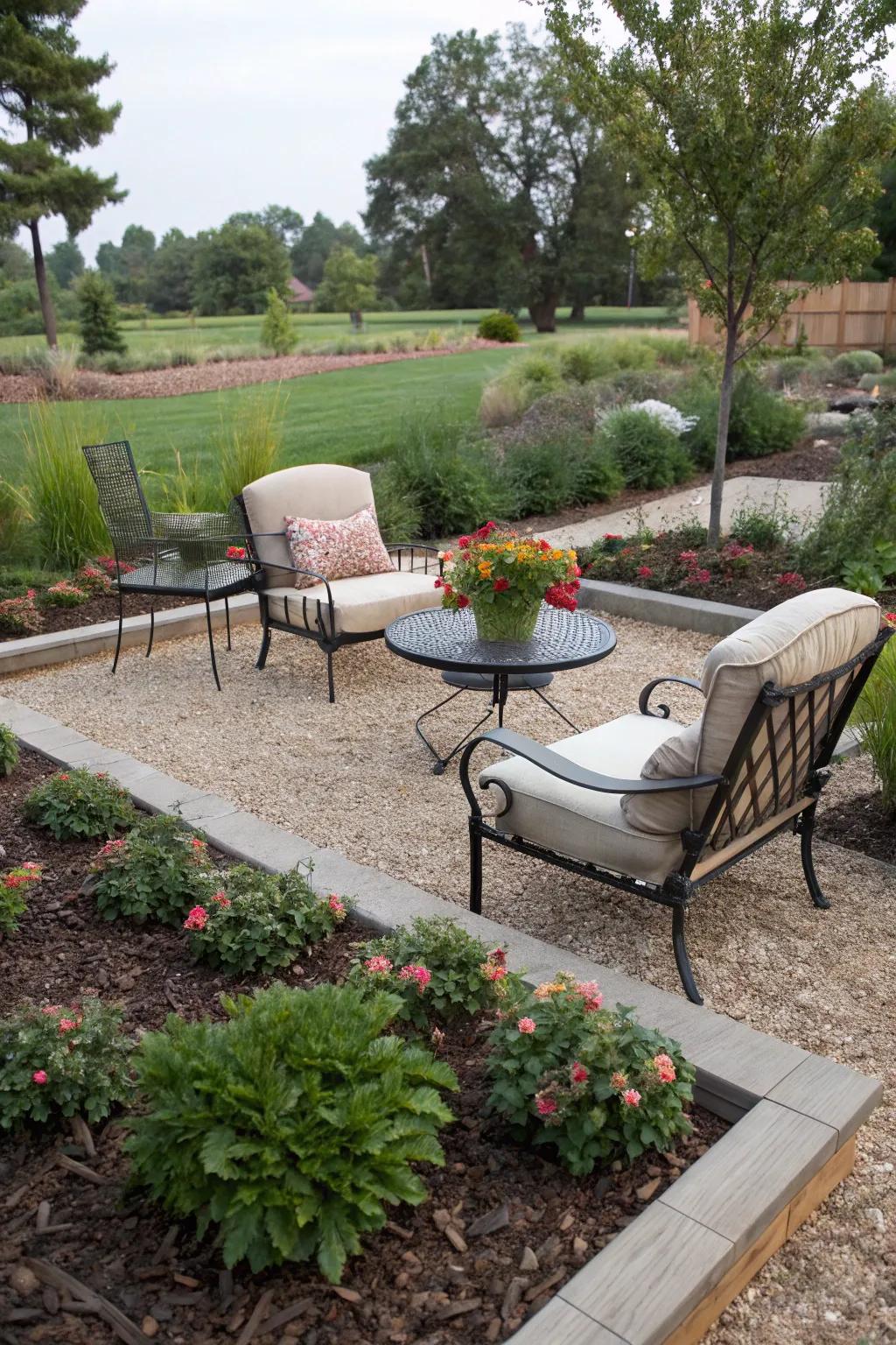 A cozy seating area surrounded by nature.