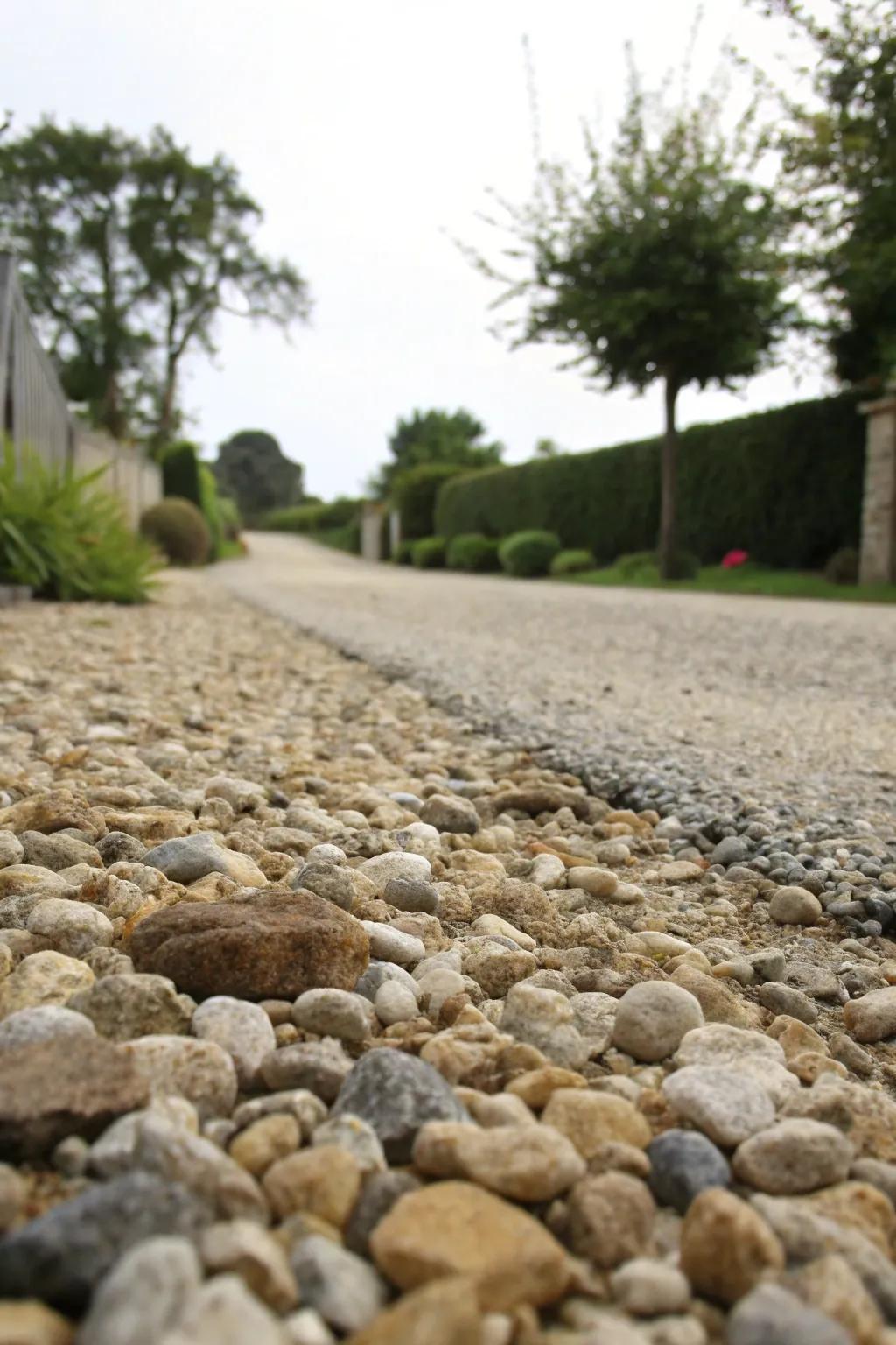 Layered gravel enhancing both drainage and aesthetic appeal.