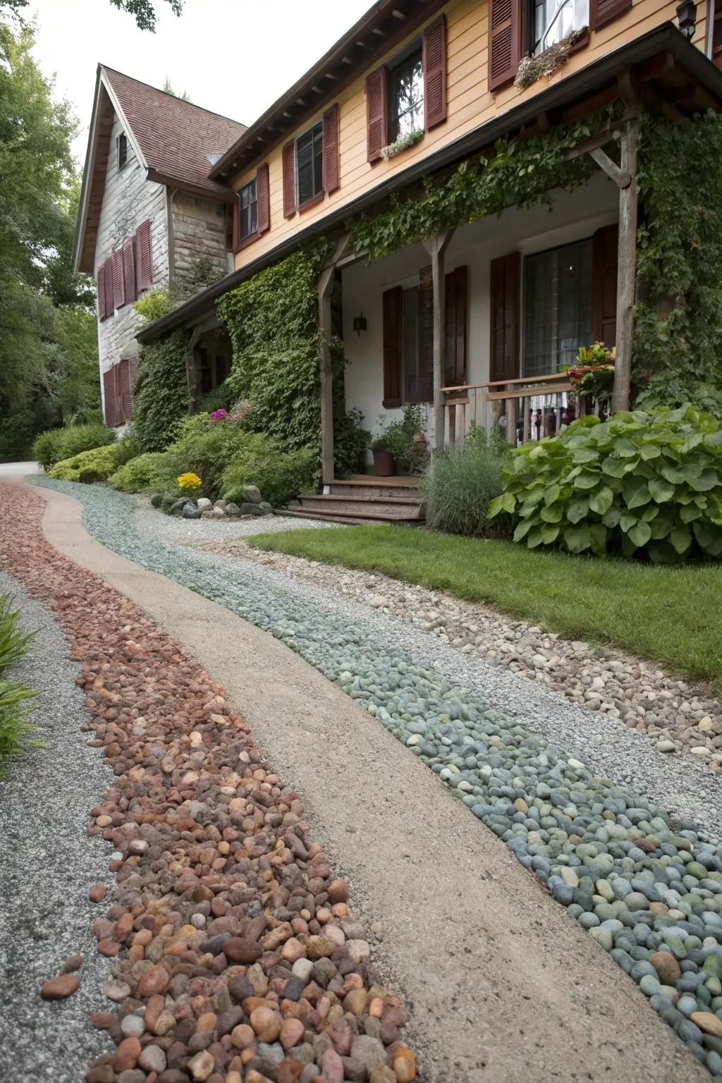 Colorful gravel adds unique flair and complements home exteriors.