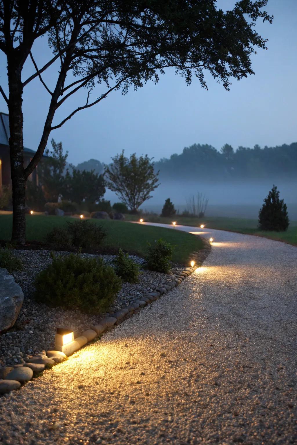 A gravel driveway beautifully lit with LED pathway lights.