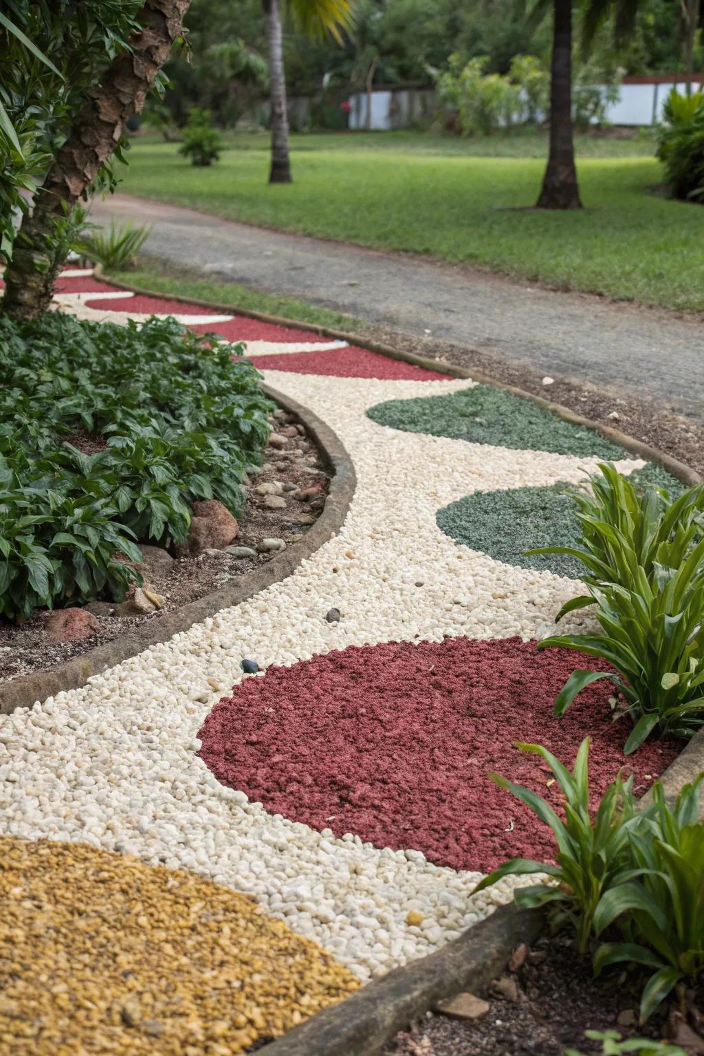 Colorful gravel design adding vibrancy to the yard.
