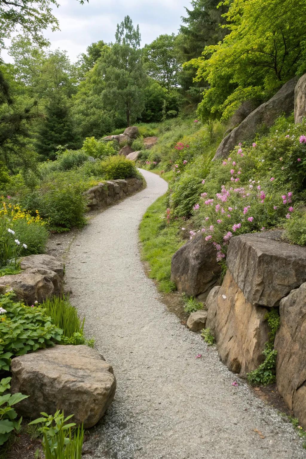 A rustic gravel path with natural rock outcrops