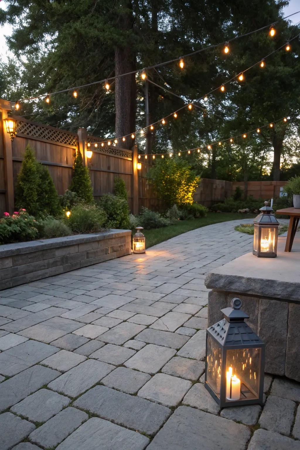 Artful lighting sets a magical evening ambiance on a gray paver patio.
