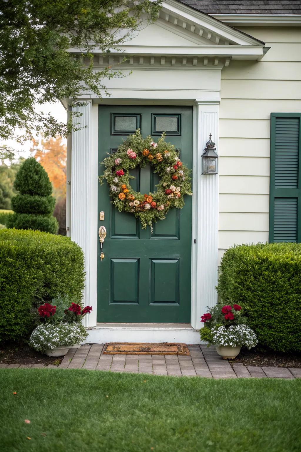 Seasonal wreaths personalize and enhance the charm of green doors.