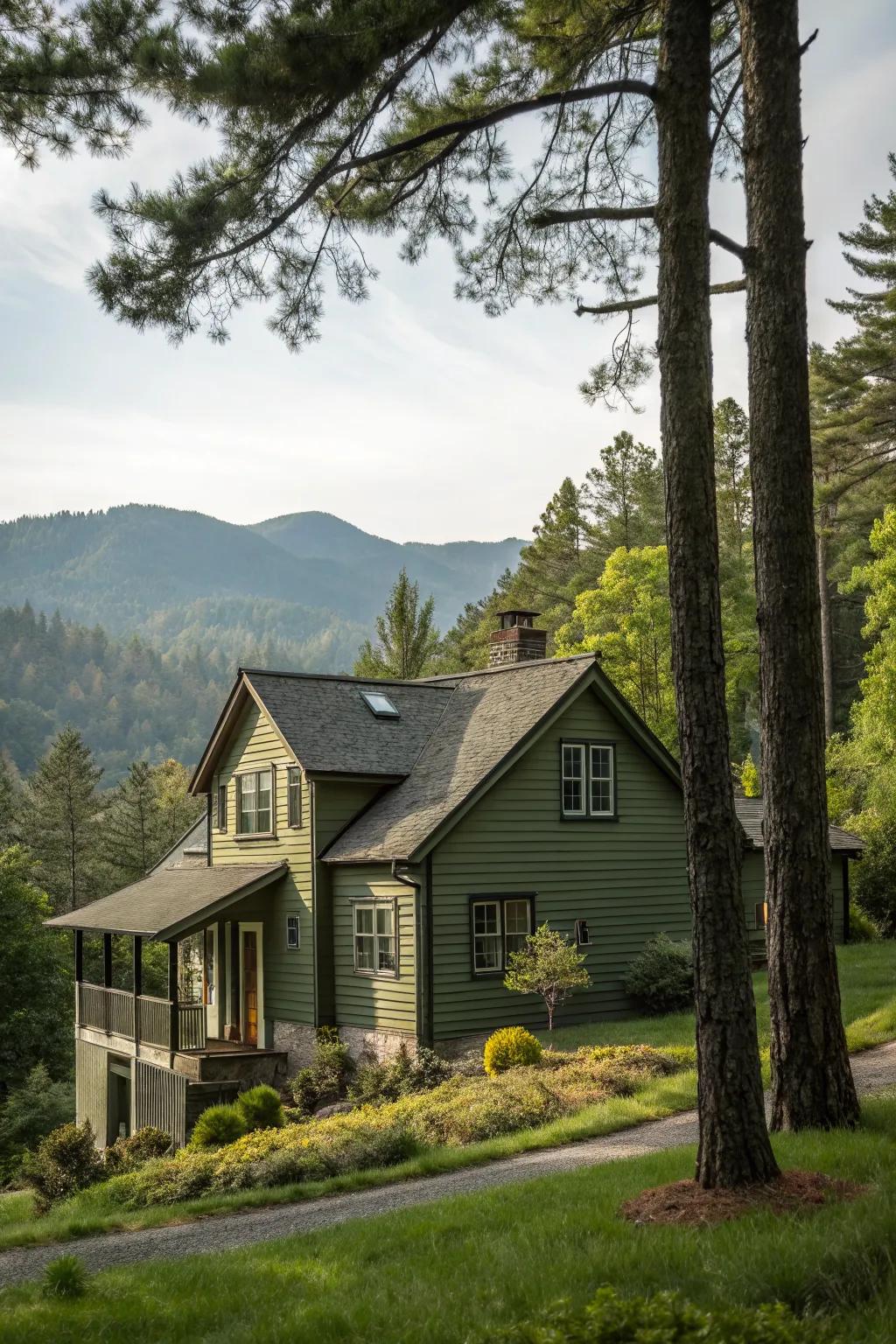 Olive green exteriors blend seamlessly with natural settings.