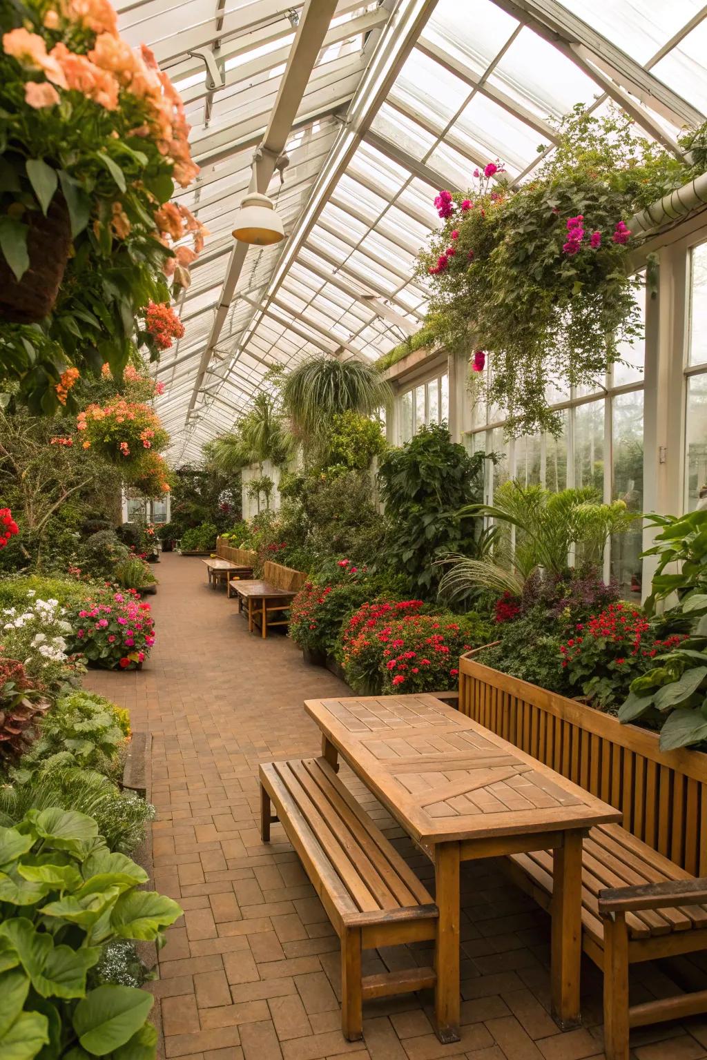 Cozy greenhouse with built-in furniture for relaxation.