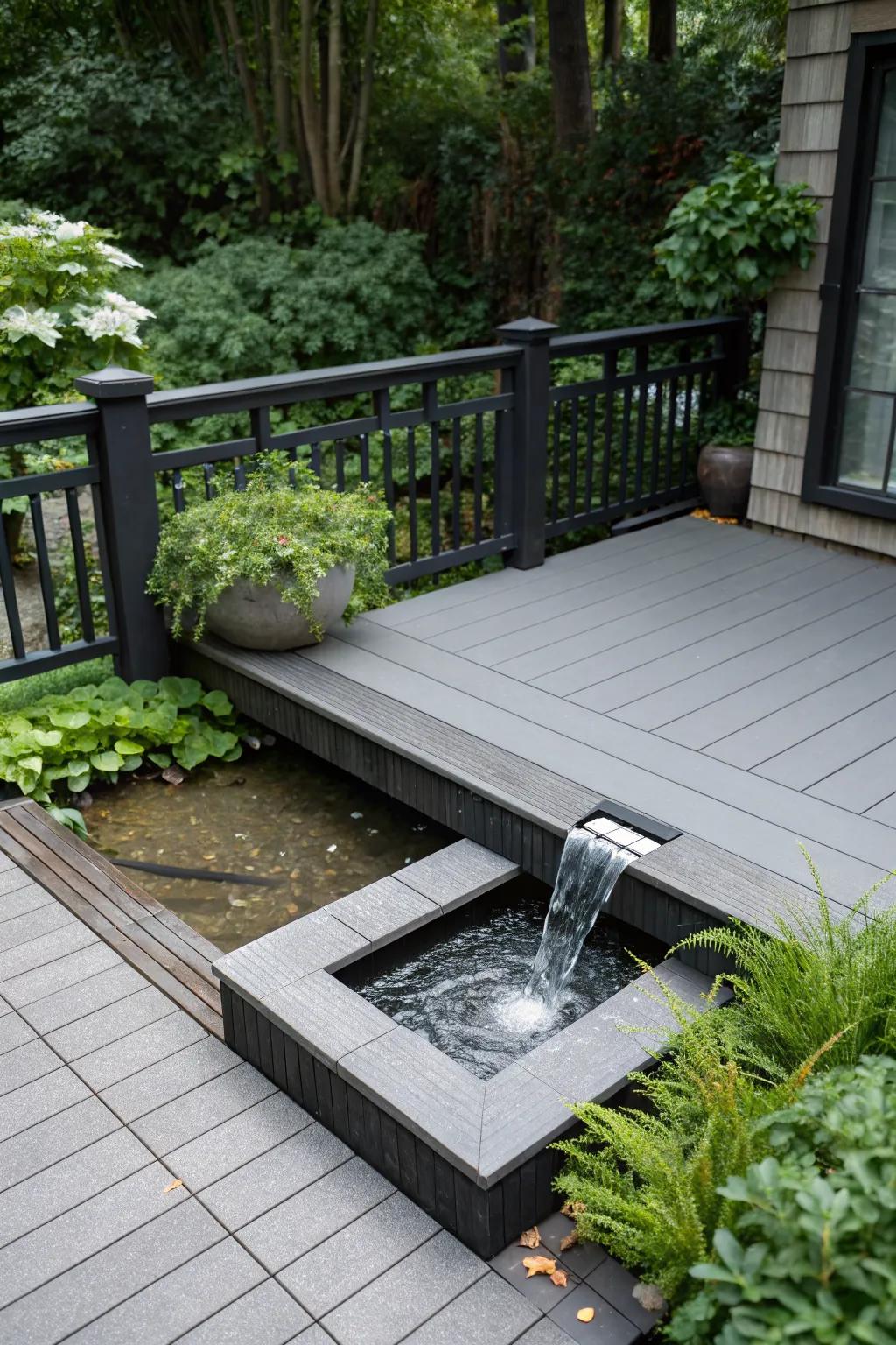 A soothing water feature on a grey deck, creating a tranquil outdoor retreat.