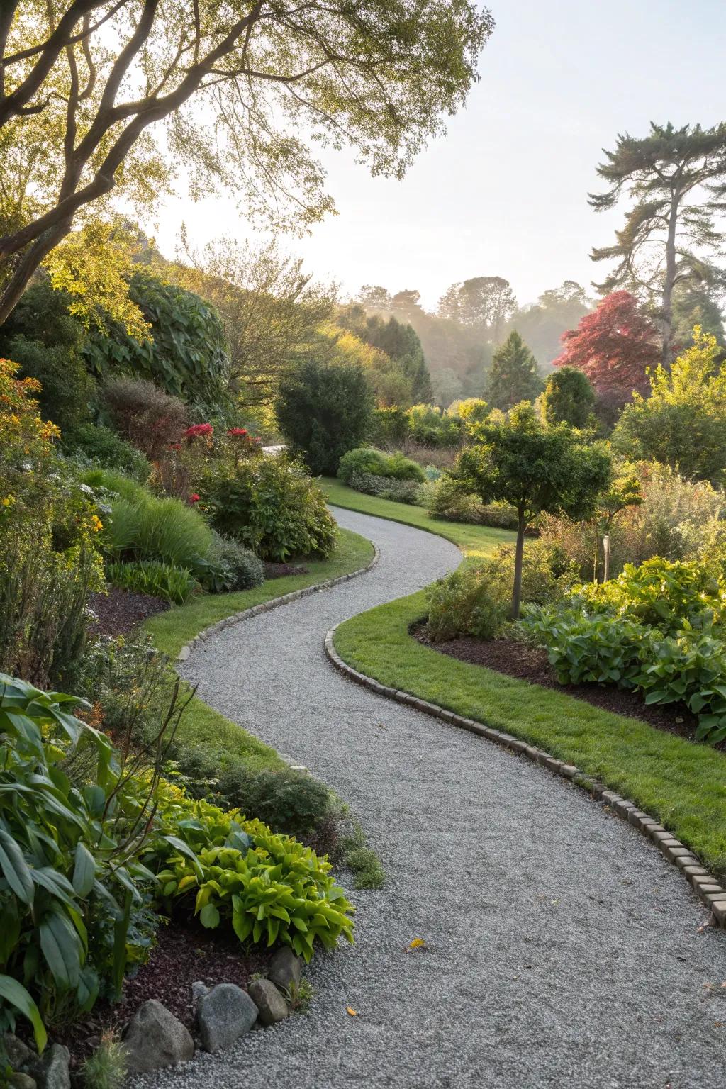 Grey gravel paths winding through lush greenery in a serene garden.