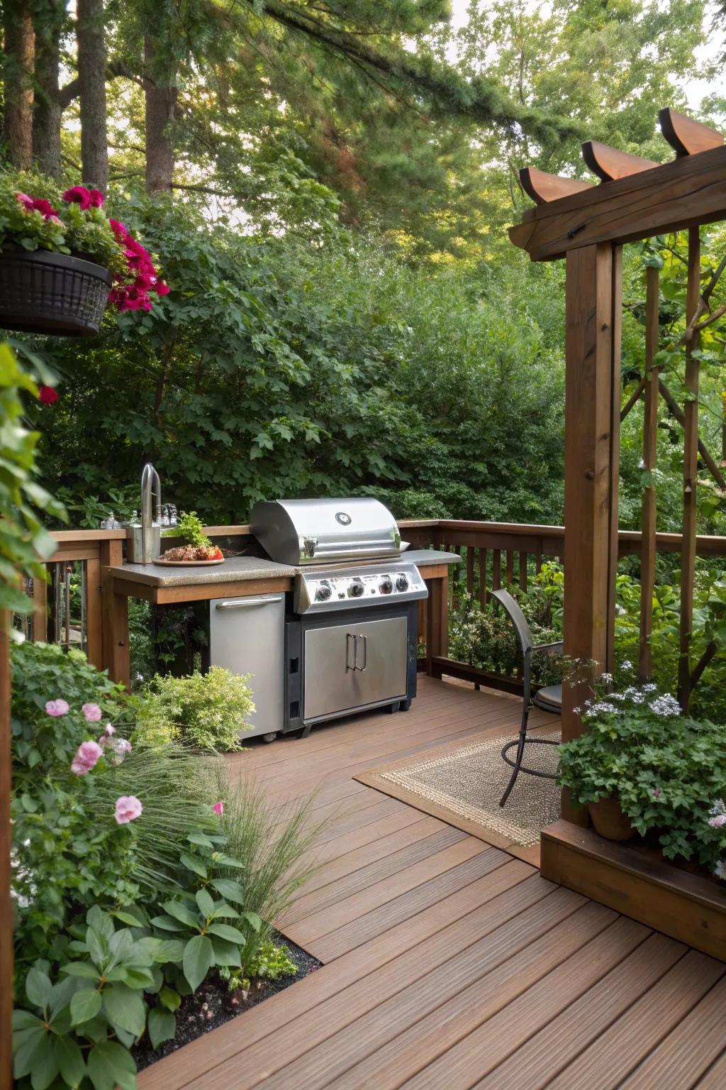A sustainable, eco-conscious deck with a modern grill.