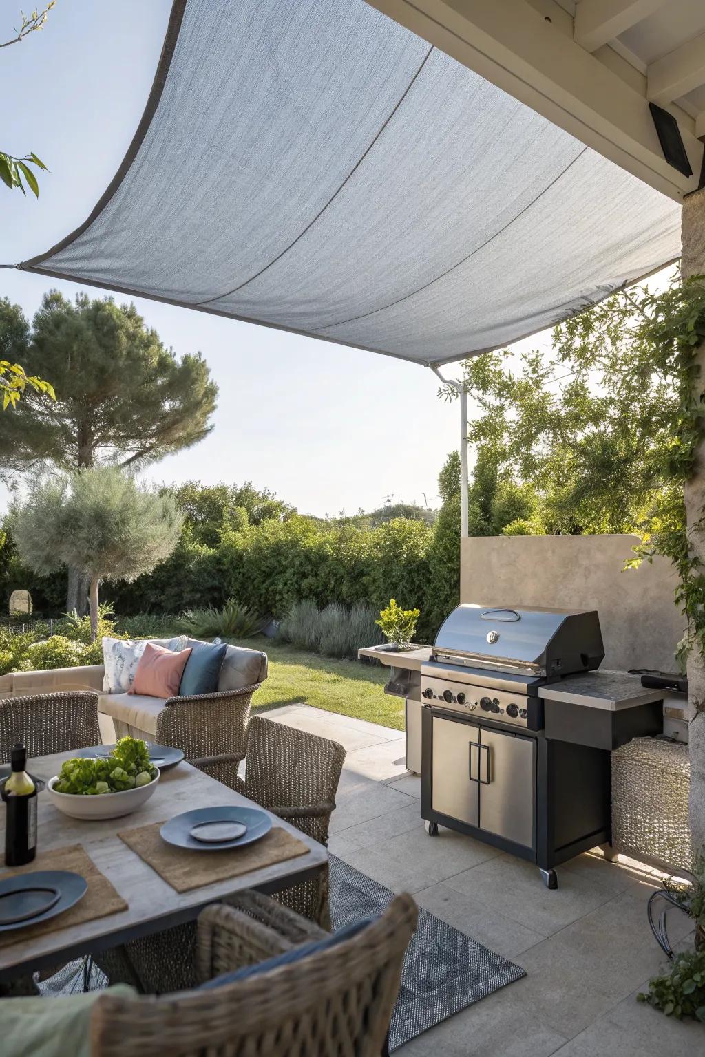 A shade cloth offers a casual and breezy vibe for your grill.