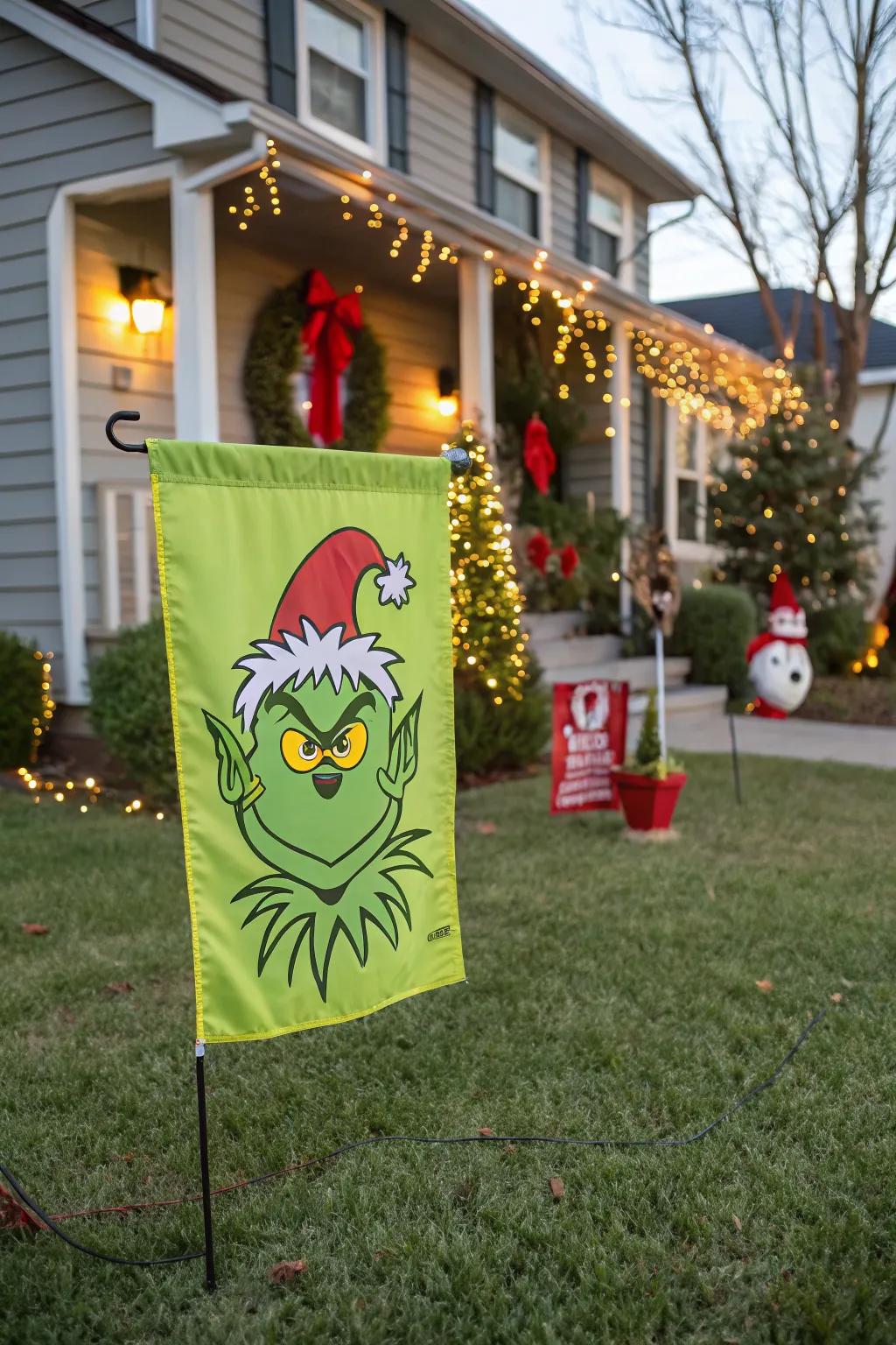 A Grinch-themed garden flag adds a whimsical touch to the yard.
