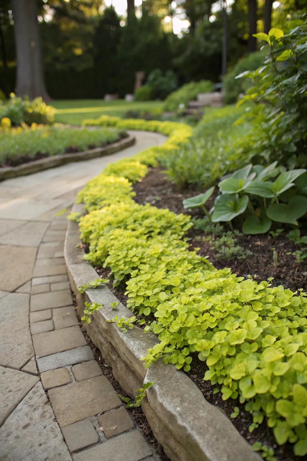 Garden bed edges beautifully softened by vibrant creeping jenny