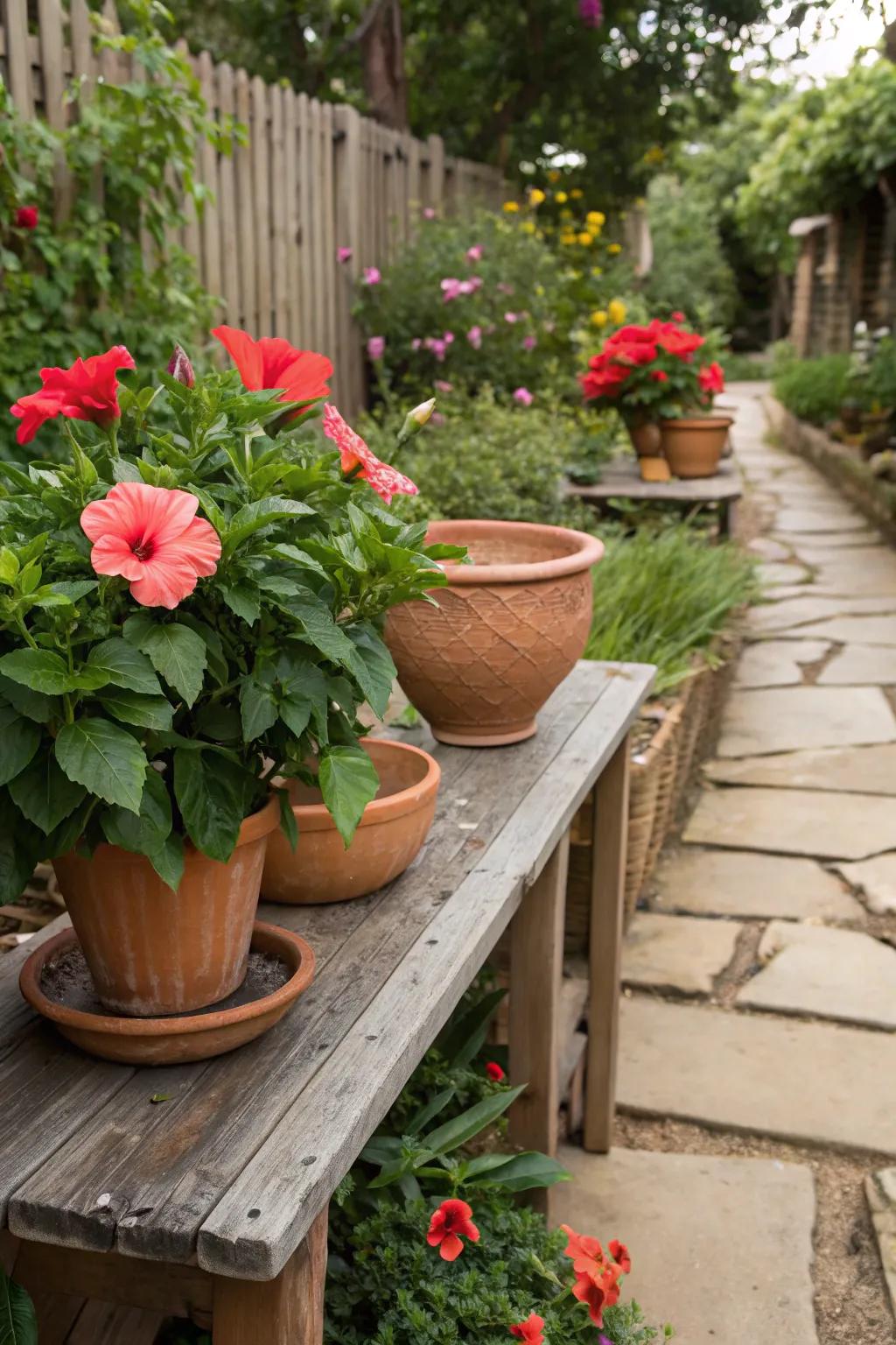 Terracotta pots bring timeless charm to a hibiscus display.