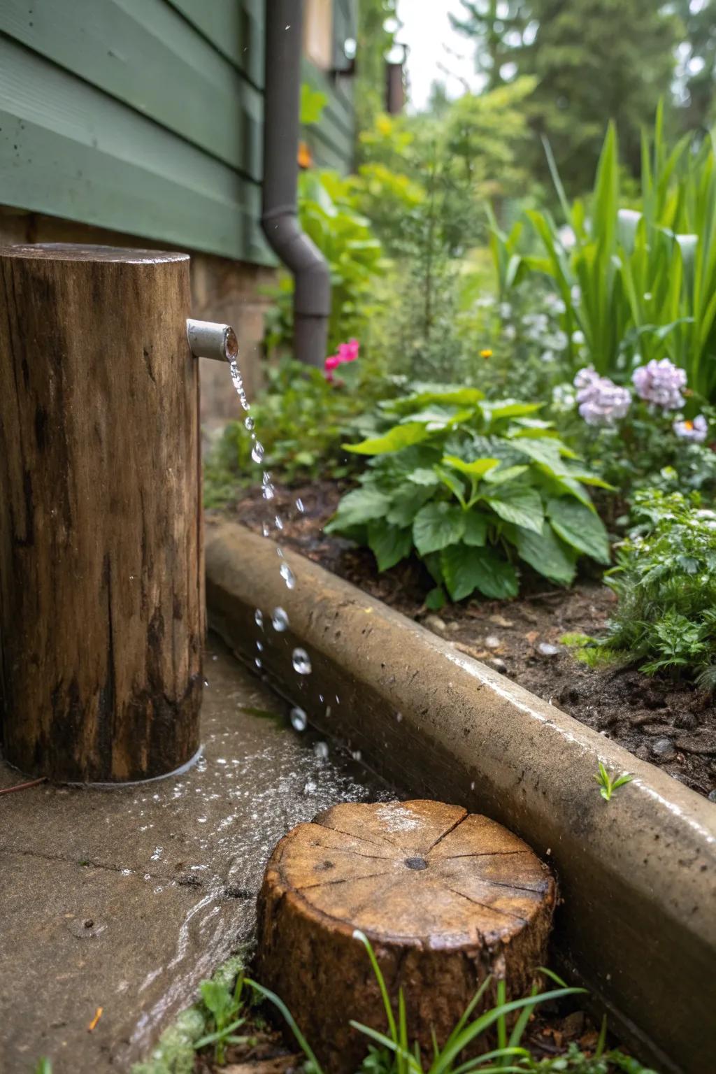 Wooden logs offer natural, rustic splash block solutions.