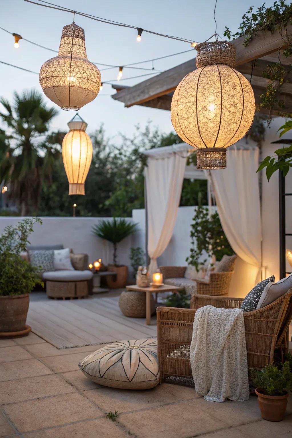 Boho lanterns with intricate designs add unique lighting to the patio.