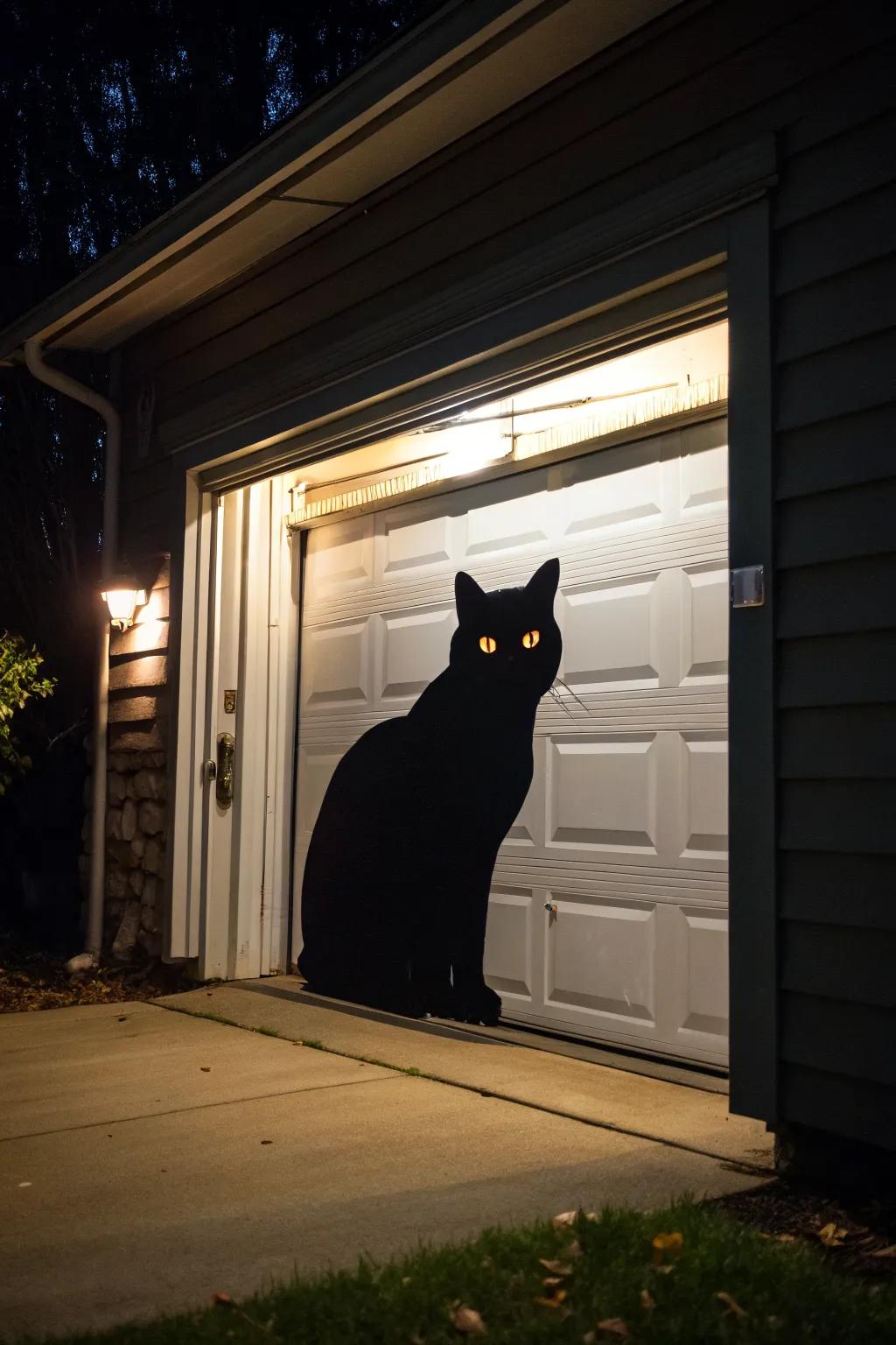 A giant black cat keeps watch.