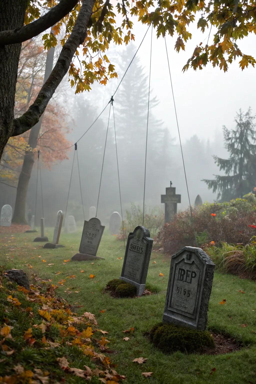 Floating gravestones add a mysterious and magical touch to your display.