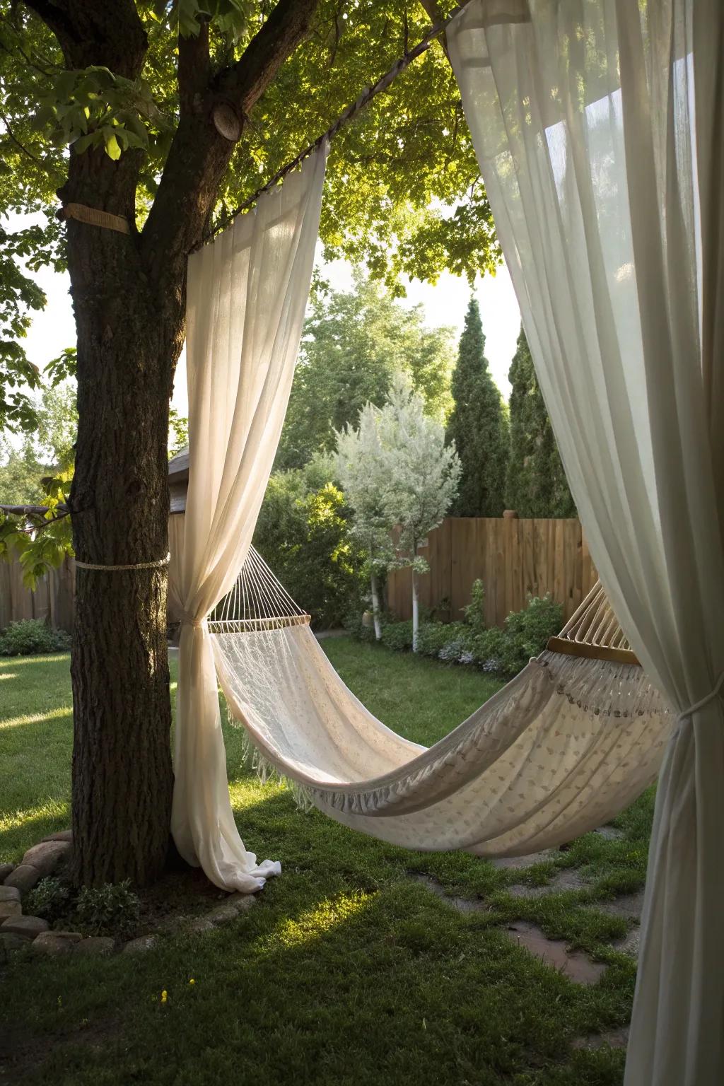 Outdoor curtains provide adjustable shade and privacy.