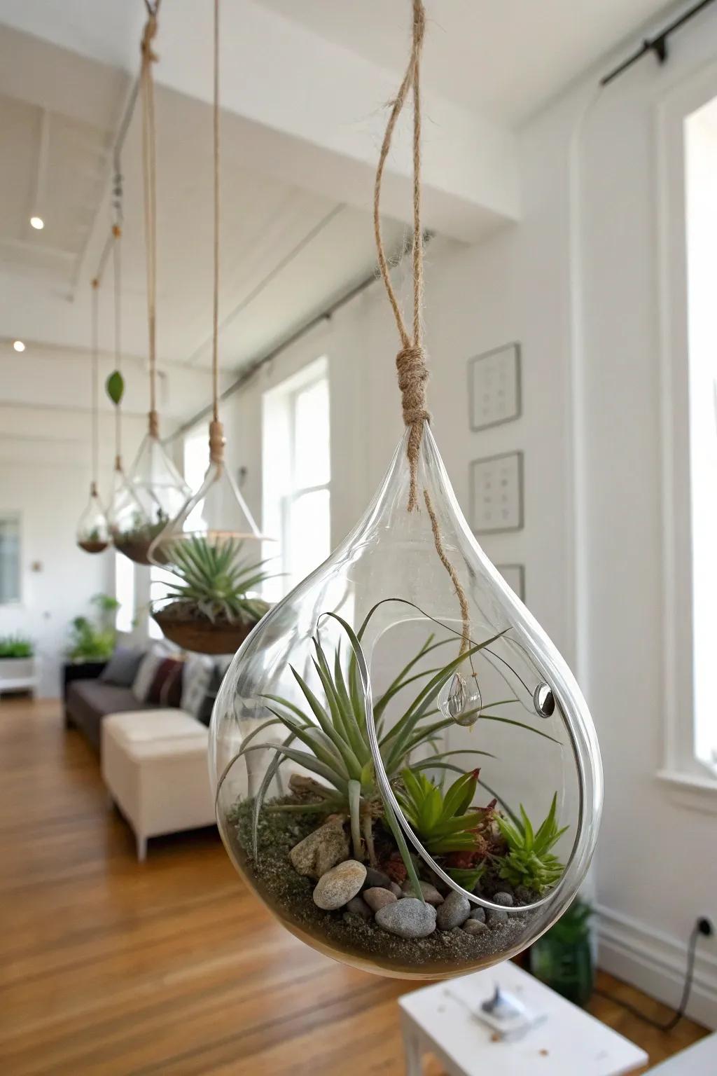 Modern glass planters elegantly suspended in a minimalist interior.