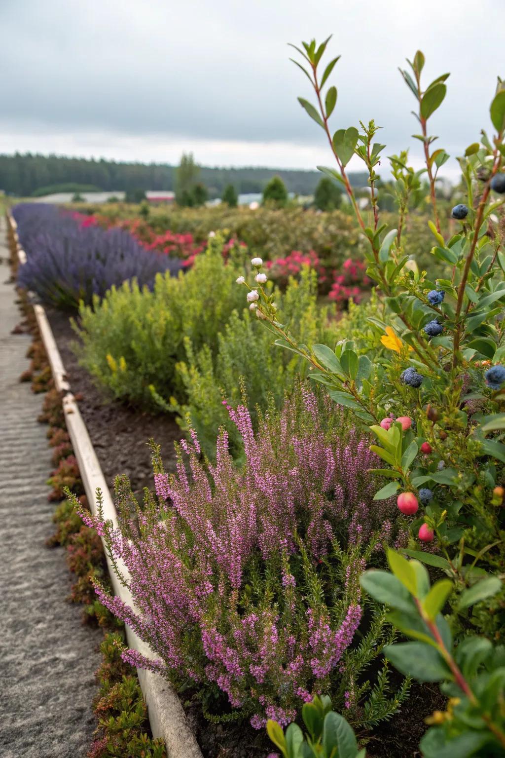 Heathers and edible plants create a beautiful and practical garden.