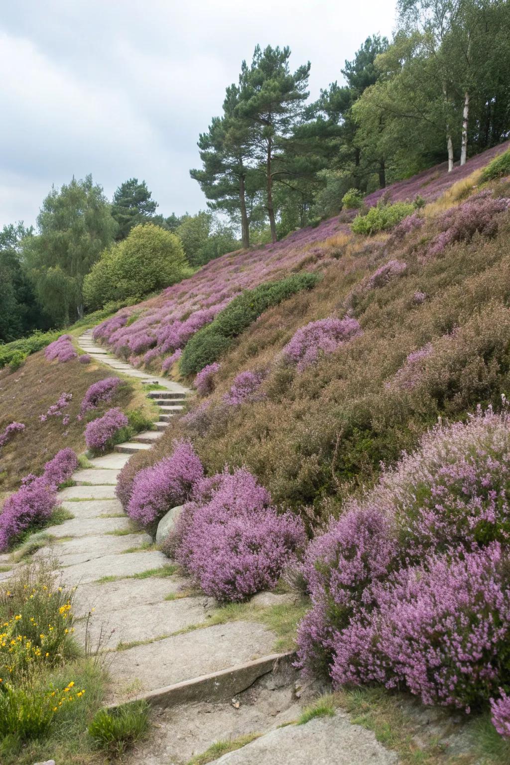 Heather plants stabilizing a garden slope.
