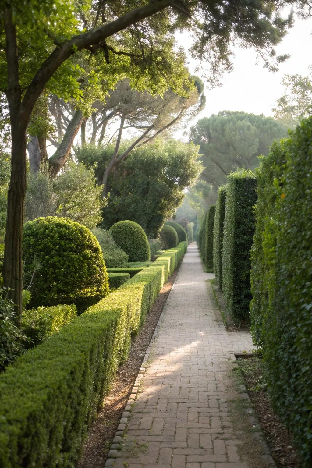 Hedges lining a garden pathway, creating a guiding flow.