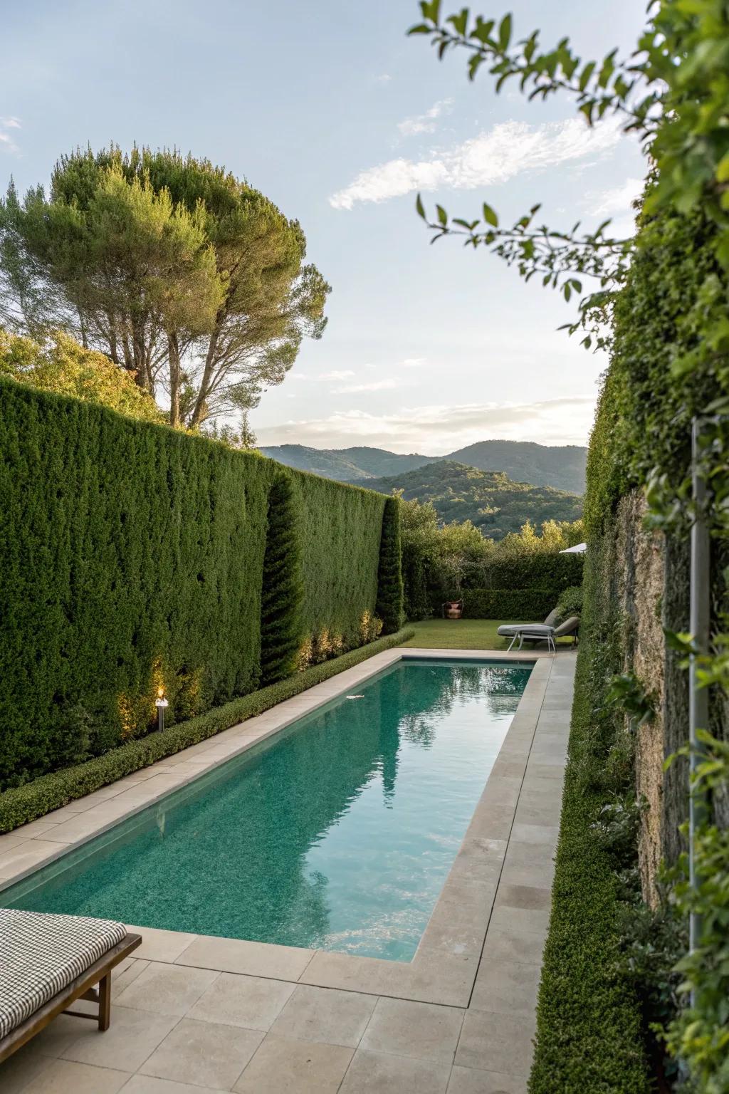 A pool area enveloped by hedge walls for a private, natural feel.