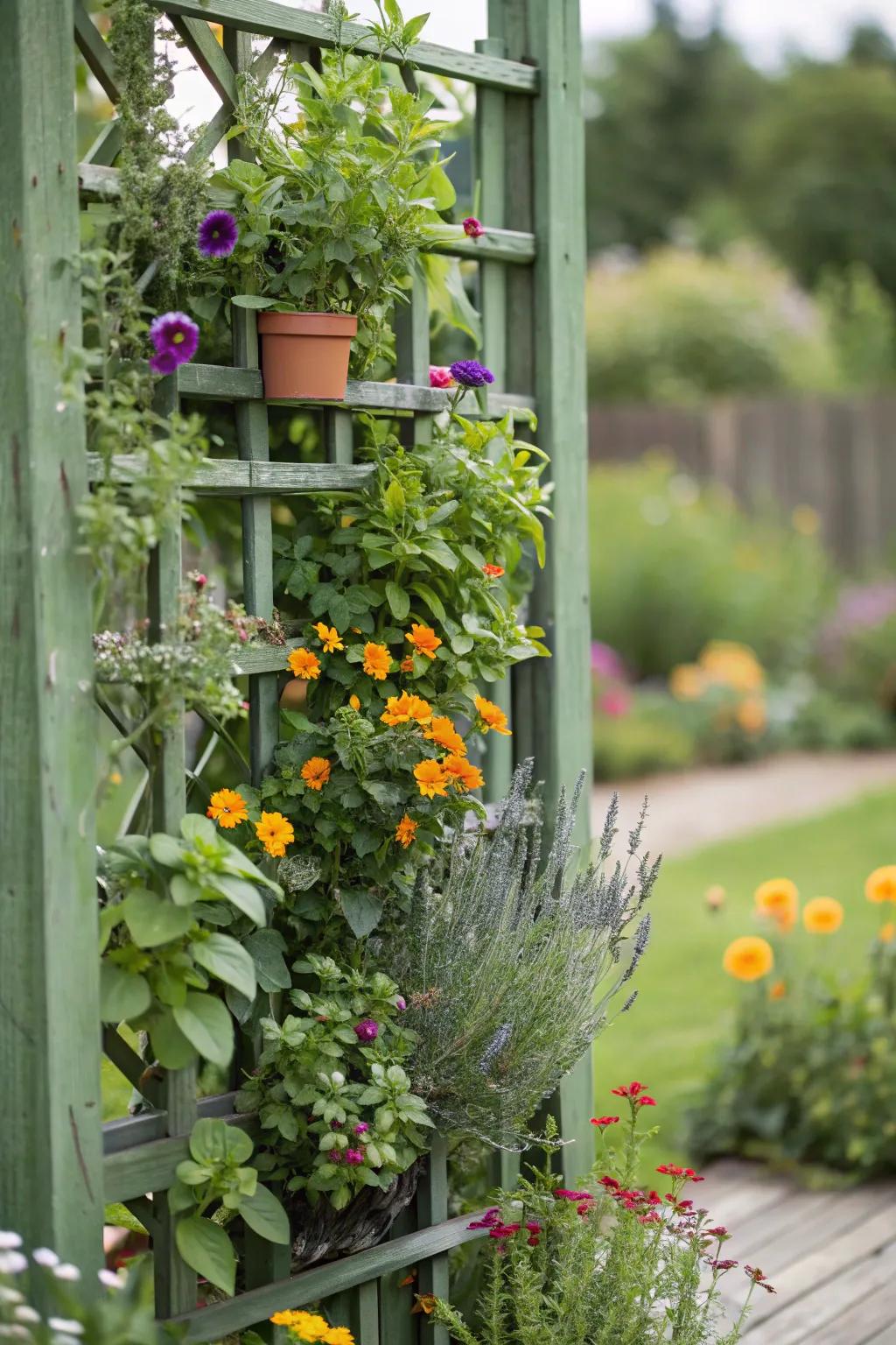 Vertical garden trellises add color and privacy.
