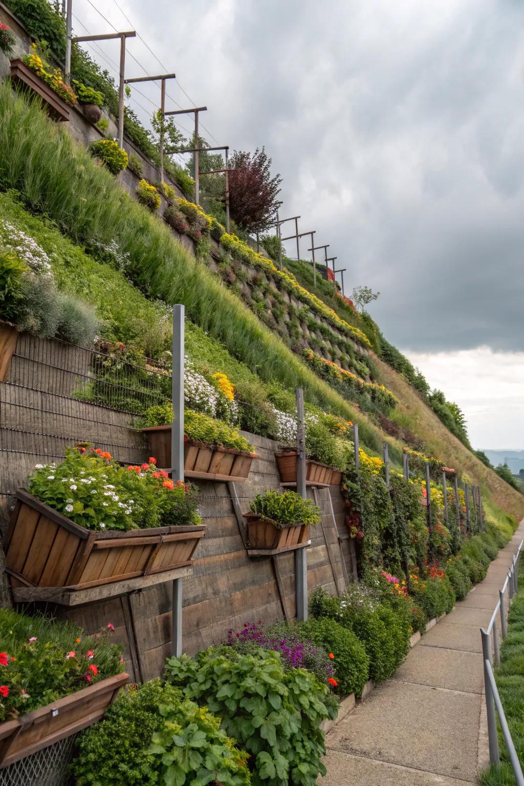 Vertical planting maximizes space and adds greenery to slopes.